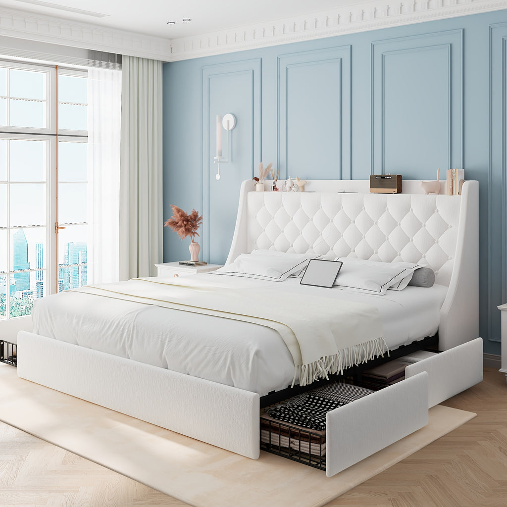 Halence Bed Frame With Charging Station, With Linen Fabric Storage Headboard, Storage Drawers On Both Sides, Solid Wood Slats Support