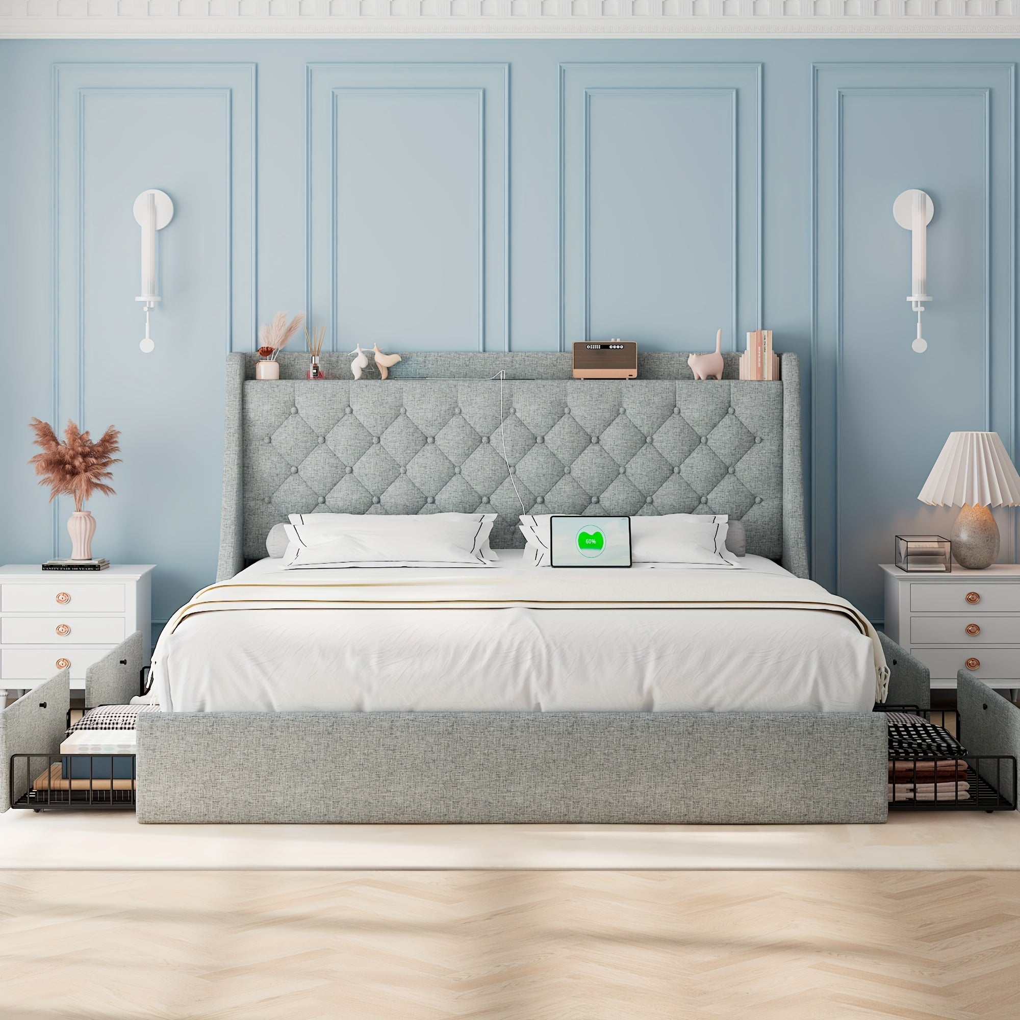 Halence Bed Frame With Charging Station, With Linen Fabric Storage Headboard, Storage Drawers On Both Sides, Solid Wood Slats Support