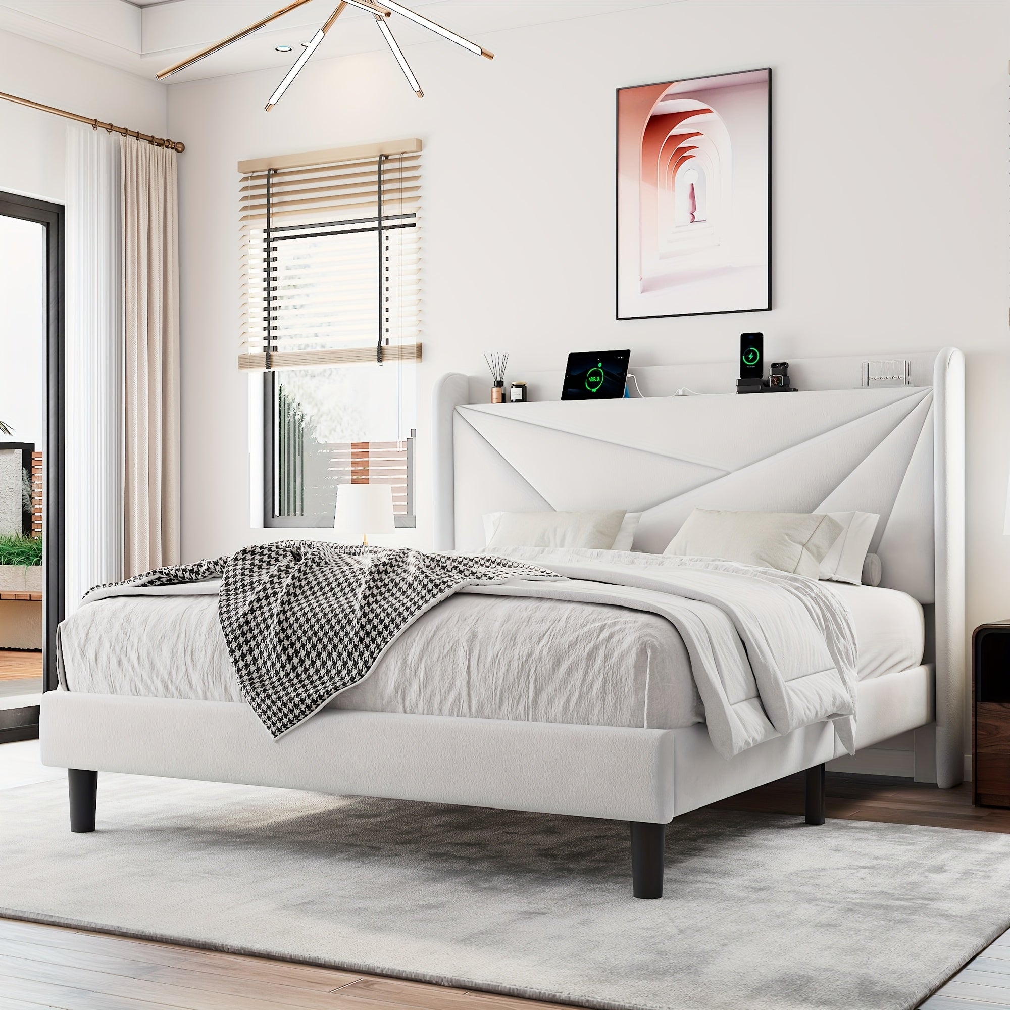Halence Bed Frame With 8-inch High Under-bed Storage Space, Easy-to-assemble Modern-style Platform Bed, Geometric Linen\u002Fvelvet Storage Headboard Design, Built-In Charging Station, Bed Frame Without Mattress