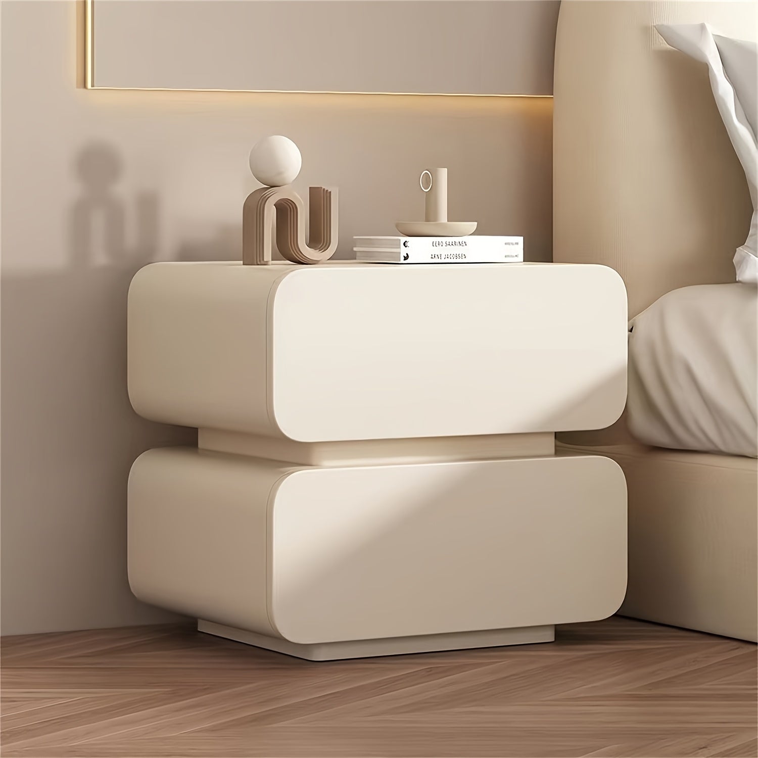 All Solid Wood Bedside Storage Cabinet Cream Leather Storage Cabinet Double Suction Free Installation Bedside Cabinet