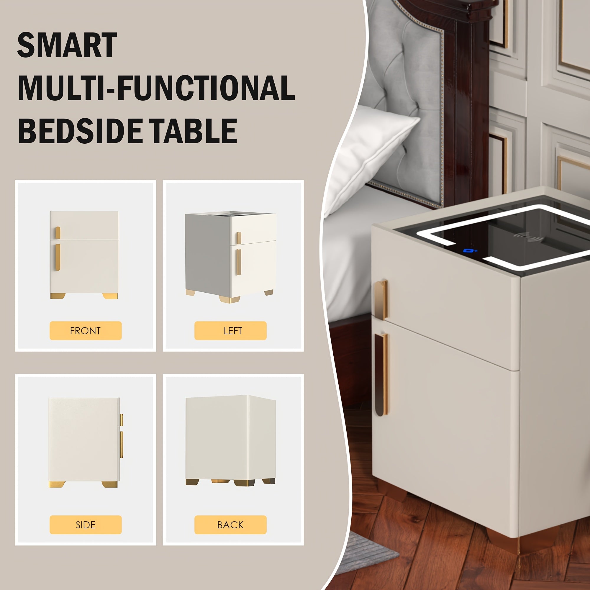 Modern Solid Wood Intelligent Bedside Table With 1 Storage Drawer And 1 Safe, Suitable For Bedrooms, Dormitories, And Offices