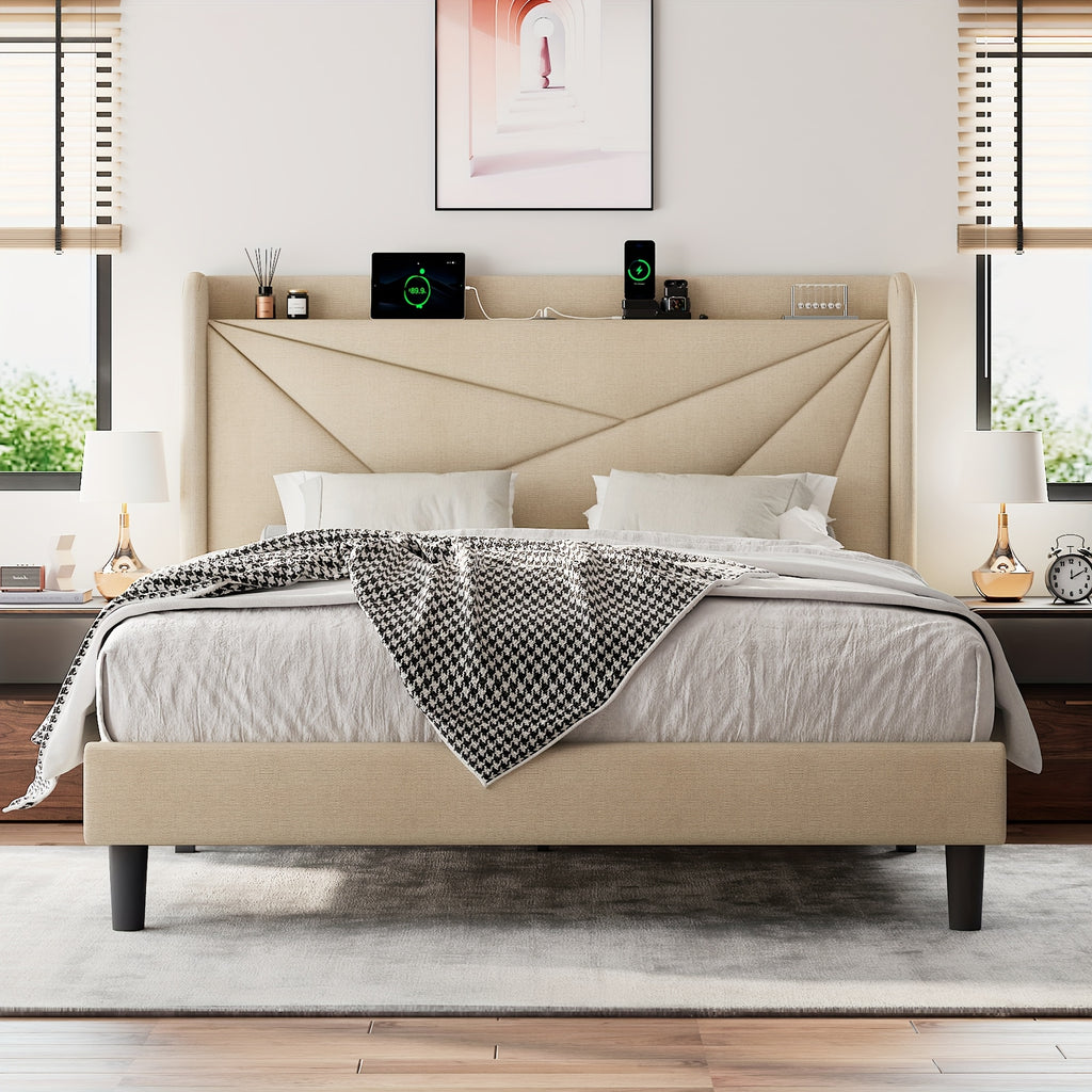 Halence Bed Frame With 8-inch High Under-bed Storage Space, Easy-to-assemble Modern-style Platform Bed, Geometric Linen\u002Fvelvet Storage Headboard Design, Built-In Charging Station, Bed Frame Without Mattress