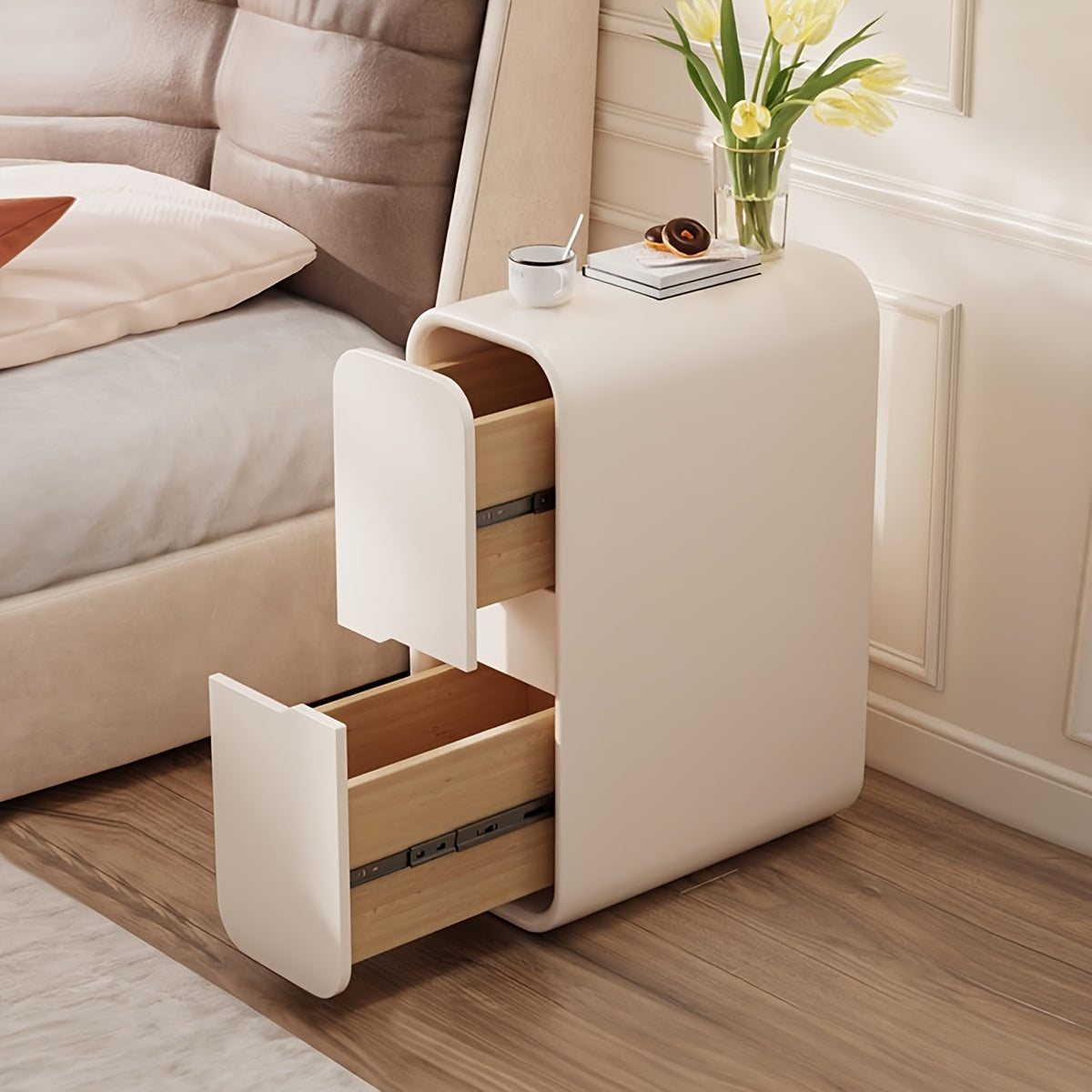 French Style Modern Bedside Table with Solid Wood & Microfiber Leather Wrap - Silent Slide Double Drawer Bed Cabinet, Light \u002F, Space-Saving Design Suitable for Small Bedrooms, No Assembly Required