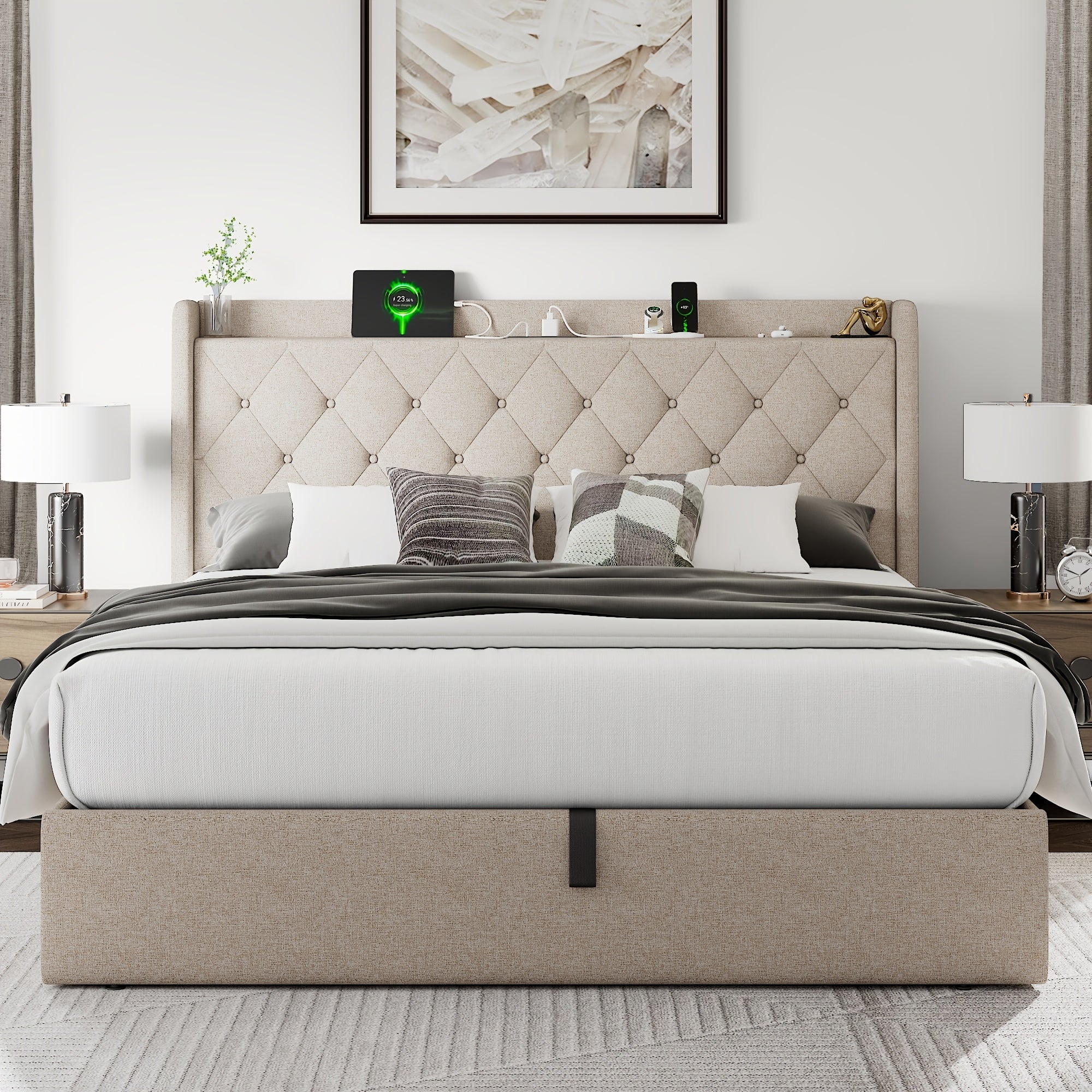 Lift Up Storage Bed Frame with Fast Charging Station & USB & Type-C Ports, Platform Beds with Tufted Wingback Headboard, Solid Wood Slats Support