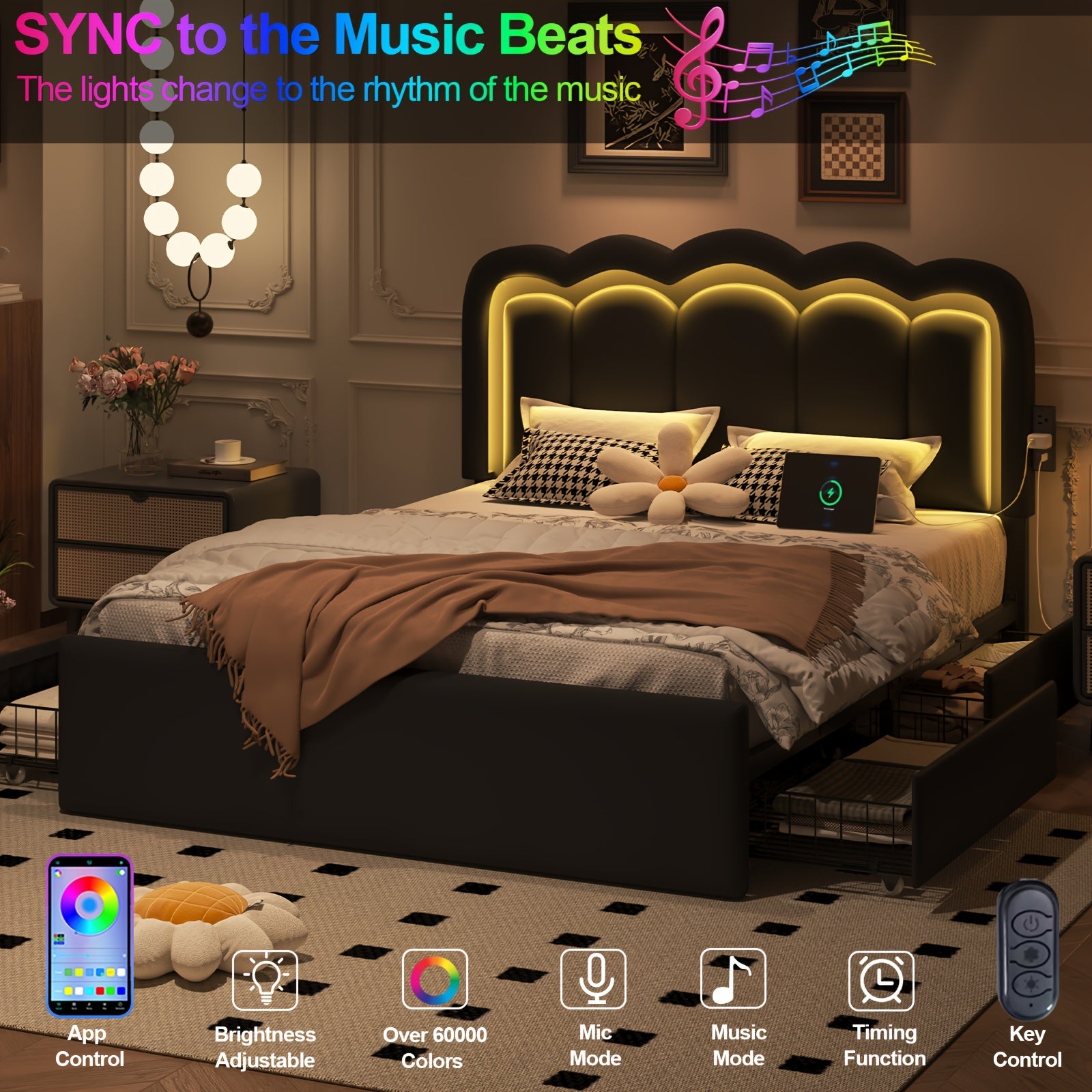 Upholstered Platform Bed Frame with 4 Storage Drawers And Adjustable Headboard, Full\u002FQueen Size Bed Frame with LED Lights And Charging Station, Strong Metal Slats Support, No Box Spring Needed, Easy Assembly, Black\u002FWhite