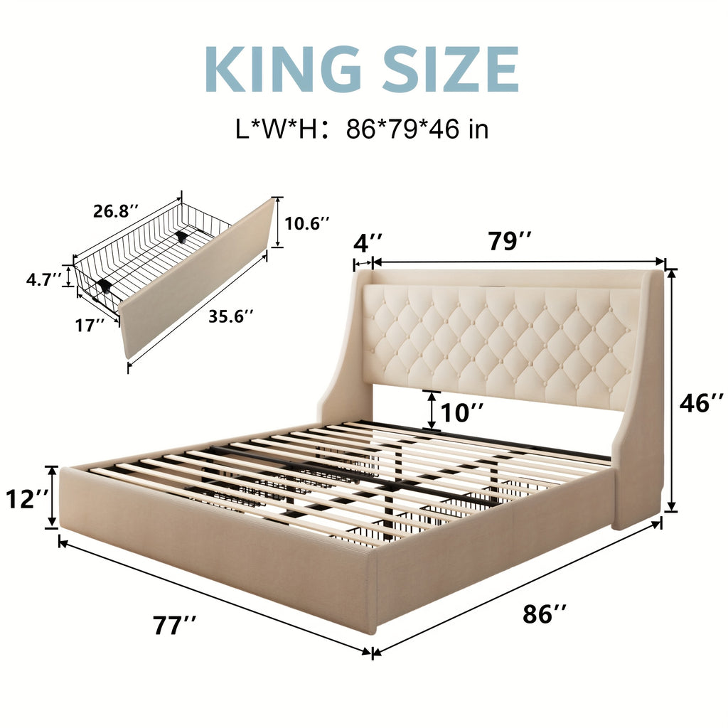 Halence Bed Frame With Charging Station, With Linen Fabric Storage Headboard, Storage Drawers On Both Sides, Solid Wood Slats Support