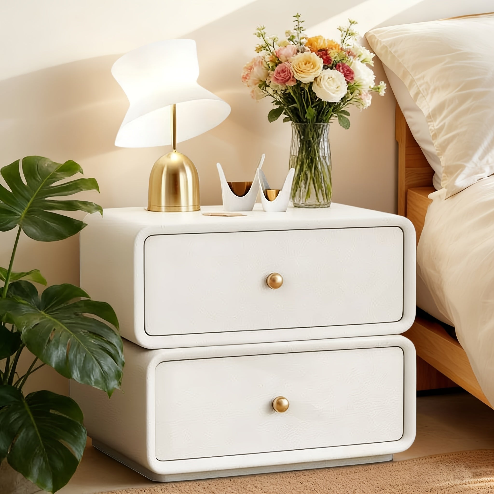 Modern 360° Rotating Nightstand, Leather Top Bedside Table with 2 Drawers, Storage End Table for Bedroom, Living Room, Or Entryway