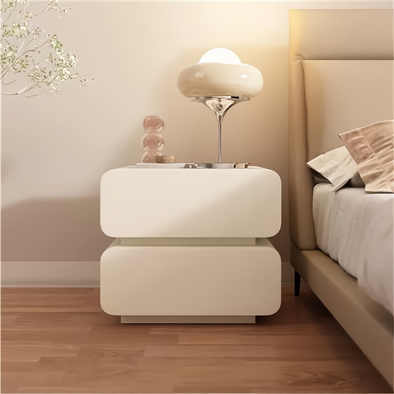All Solid Wood Bedside Storage Cabinet Cream Leather Storage Cabinet Double Suction Free Installation Bedside Cabinet