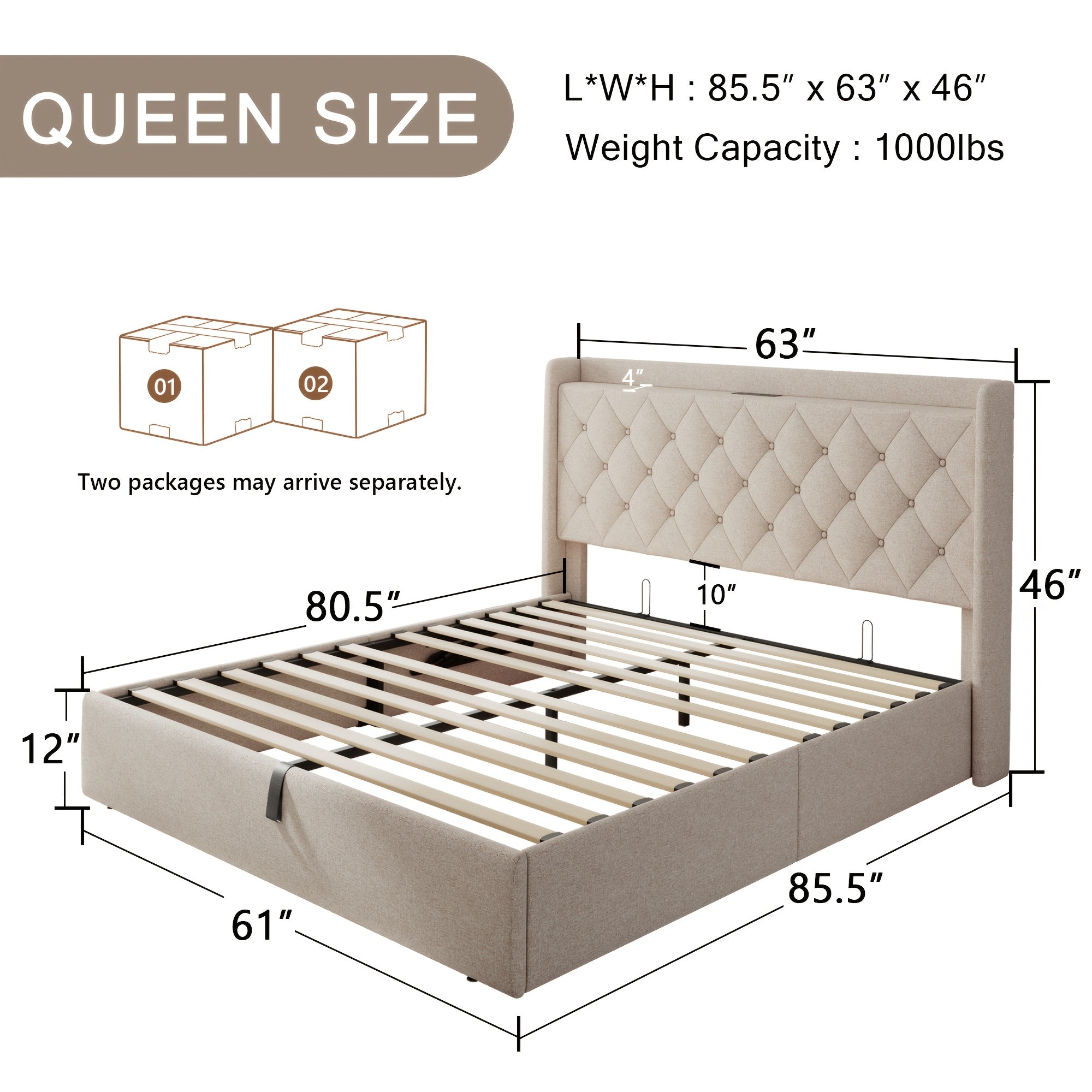 Lift Up Storage Bed Frame with Fast Charging Station & USB & Type-C Ports, Platform Beds with Tufted Wingback Headboard, Solid Wood Slats Support