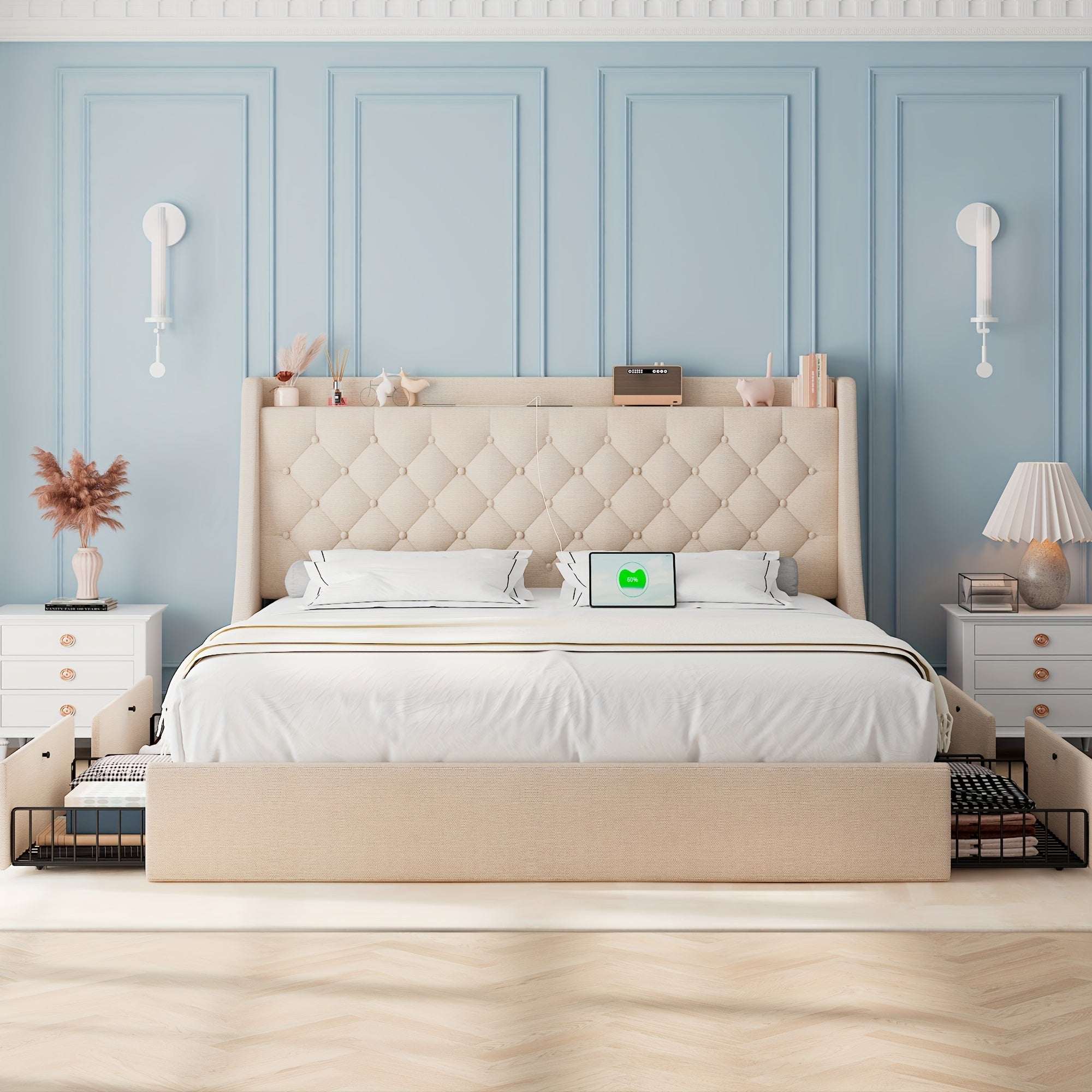 Halence Bed Frame With Charging Station, With Linen Fabric Storage Headboard, Storage Drawers On Both Sides, Solid Wood Slats Support