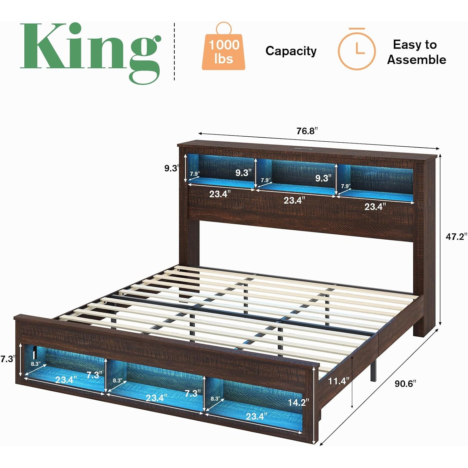 Farmhouse Bed Frame with Storage Bookcase Headboard And Footboard, Storage Wood Platform Bed Frame with Wood Slats Support, Noiseless LED Bed Frame, No Box Spring Needed