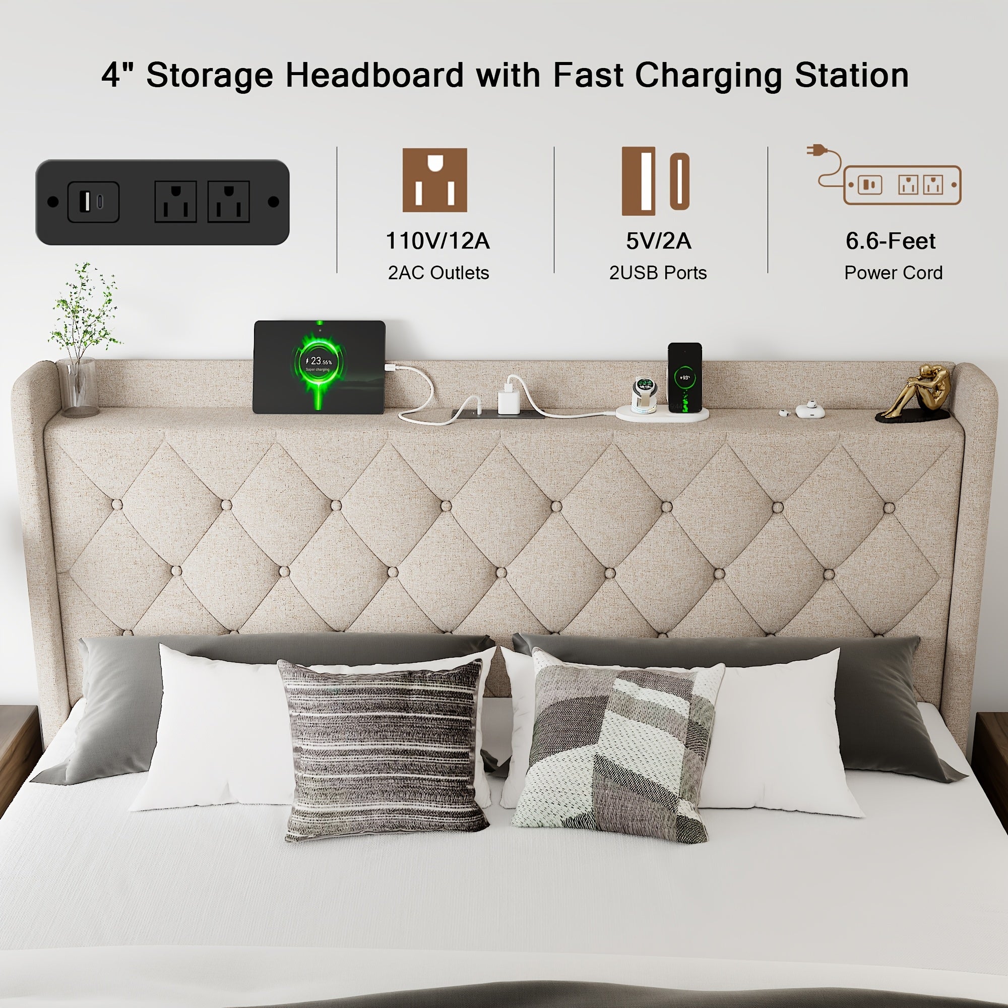 Lift Up Storage Bed Frame with Fast Charging Station & USB & Type-C Ports, Platform Beds with Tufted Wingback Headboard, Solid Wood Slats Support