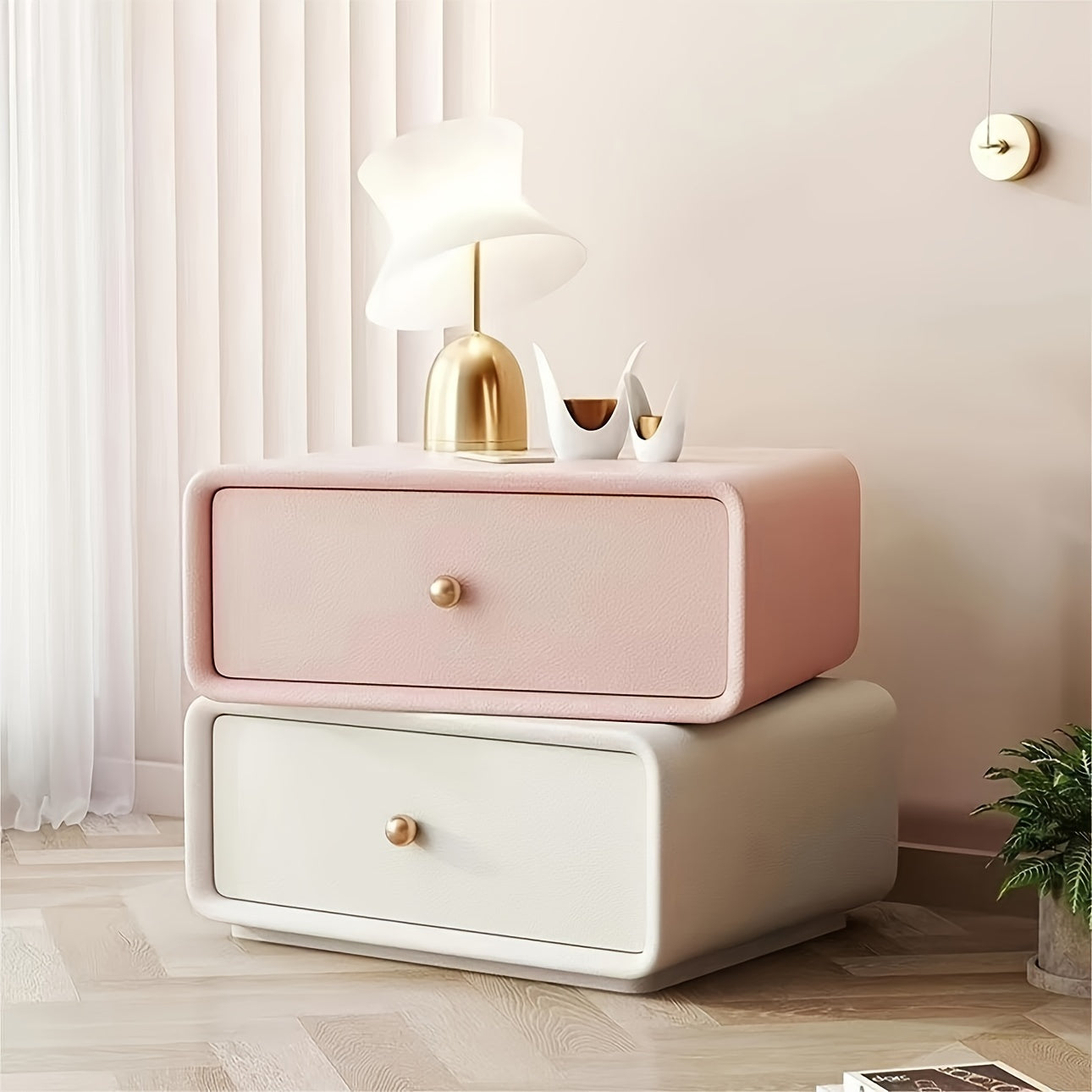 Light Luxury Double-layer Rotating Bedroom Bedside Table, Cream Style Leather Faced Solid Wood Storage Cabinet