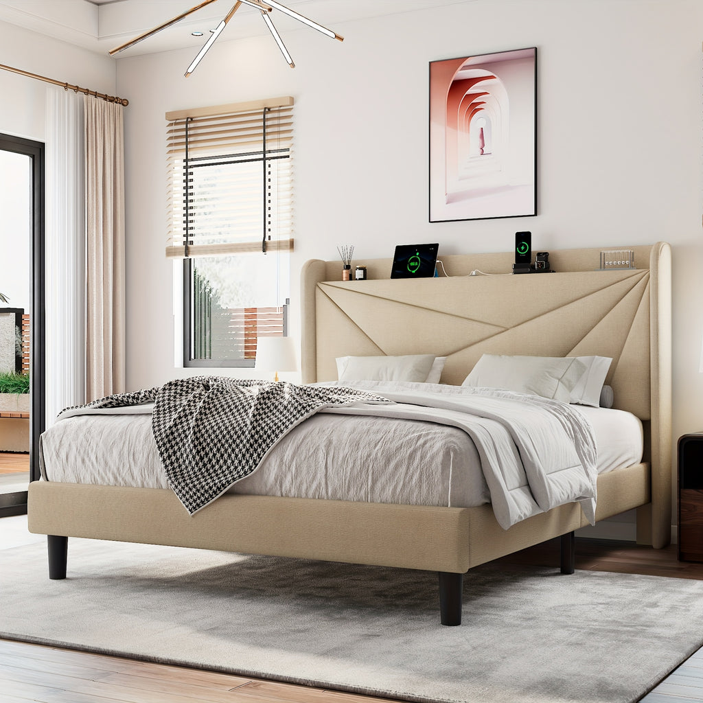 Halence Bed Frame With 8-inch High Under-bed Storage Space, Easy-to-assemble Modern-style Platform Bed, Geometric Linen\u002Fvelvet Storage Headboard Design, Built-In Charging Station, Bed Frame Without Mattress