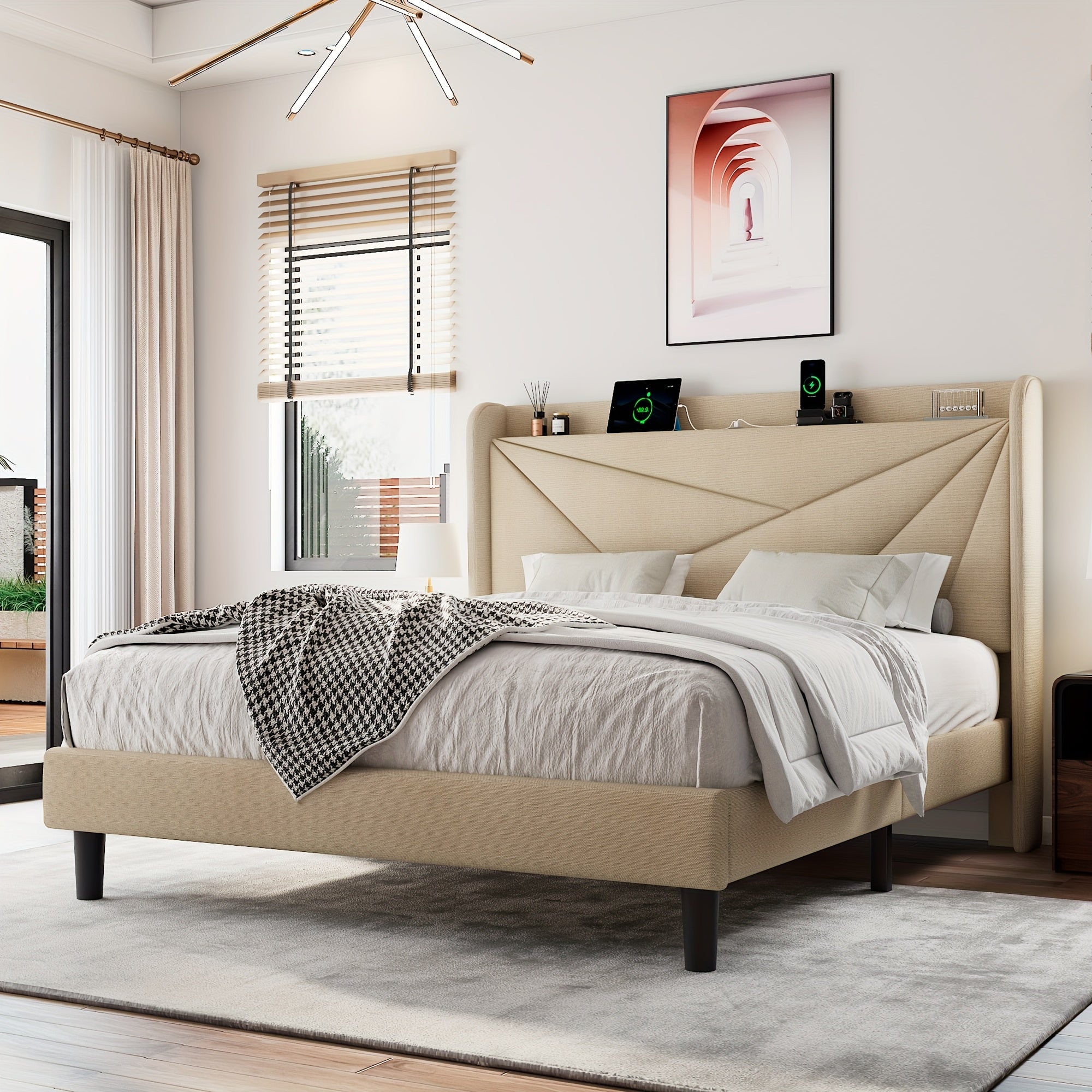 Halence Bed Frame With 8-inch High Under-bed Storage Space, Easy-to-assemble Modern-style Platform Bed, Geometric Linen\u002Fvelvet Storage Headboard Design, Built-In Charging Station, Bed Frame Without Mattress