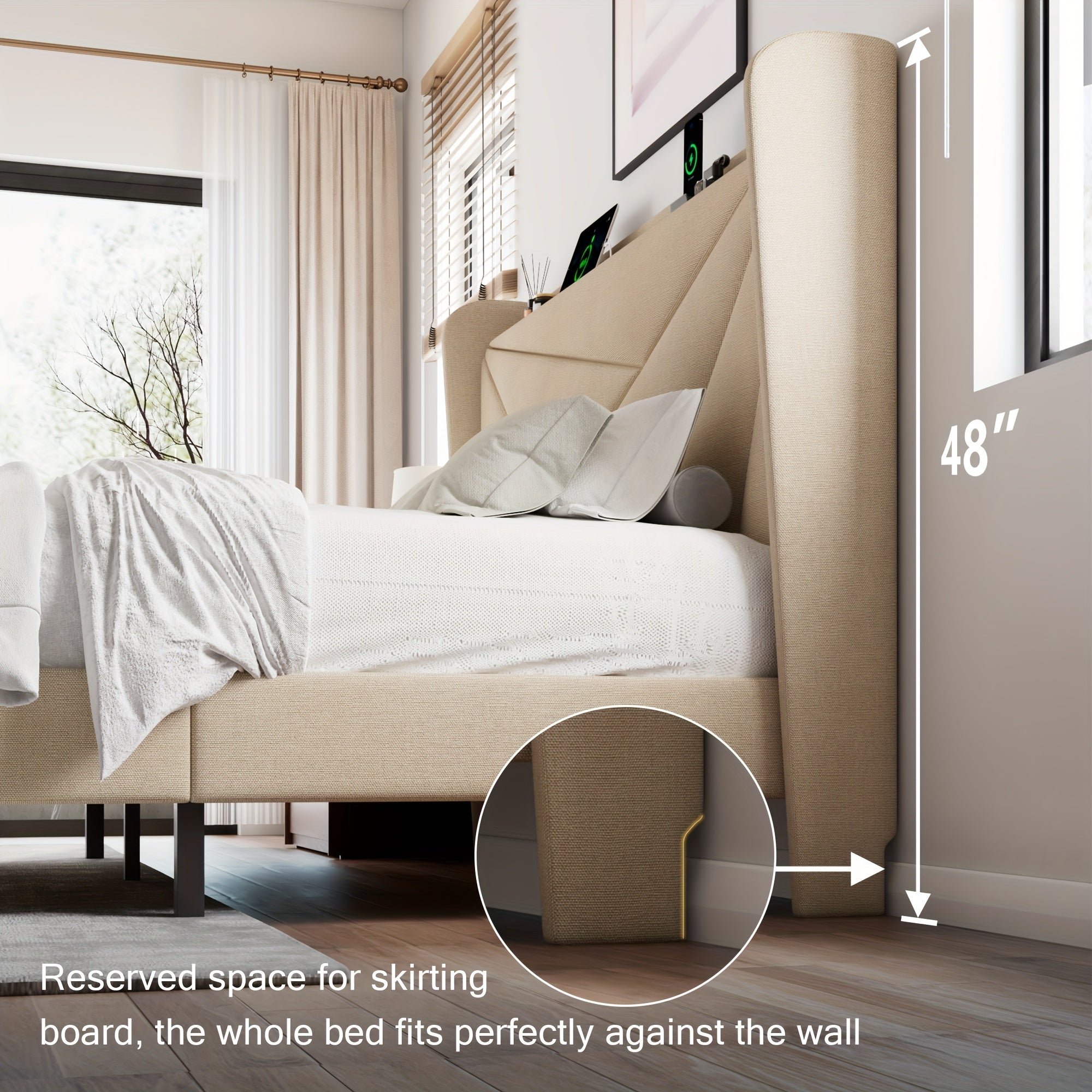 Halence Bed Frame With 8-inch High Under-bed Storage Space, Easy-to-assemble Modern-style Platform Bed, Geometric Linen\u002Fvelvet Storage Headboard Design, Built-In Charging Station, Bed Frame Without Mattress