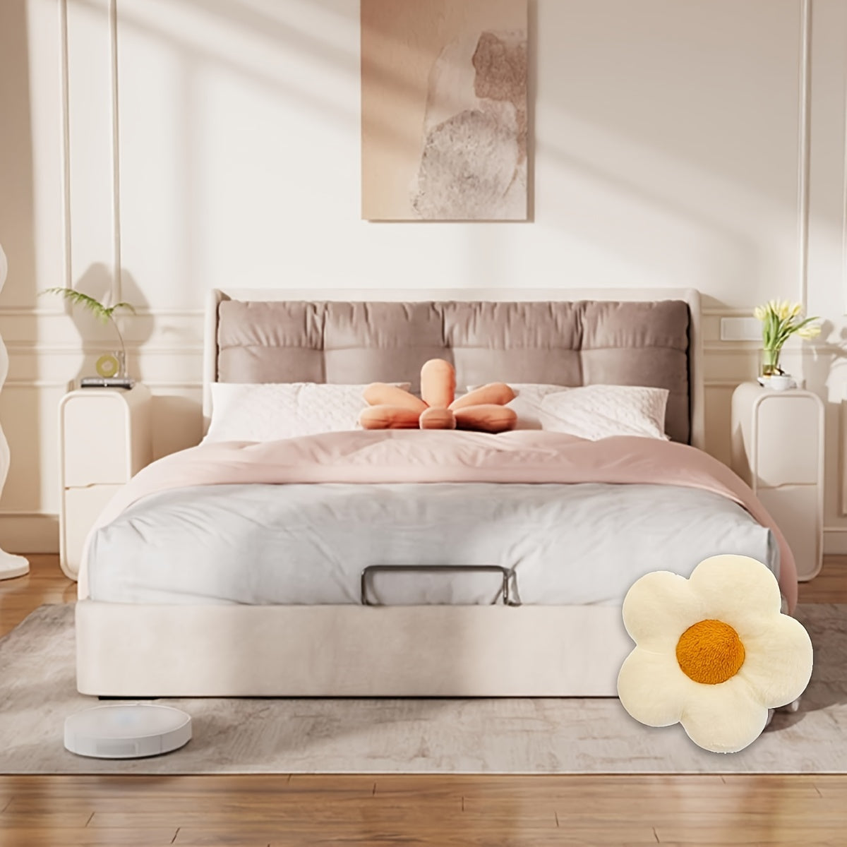 French Style Modern Bedside Table with Solid Wood & Microfiber Leather Wrap - Silent Slide Double Drawer Bed Cabinet, Light \u002F, Space-Saving Design Suitable for Small Bedrooms, No Assembly Required