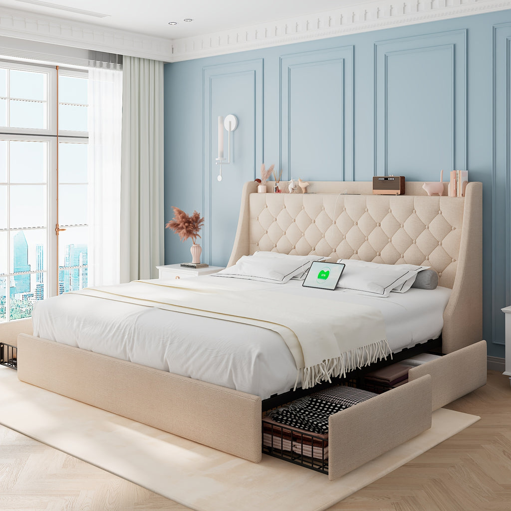 Halence Bed Frame With Charging Station, With Linen Fabric Storage Headboard, Storage Drawers On Both Sides, Solid Wood Slats Support