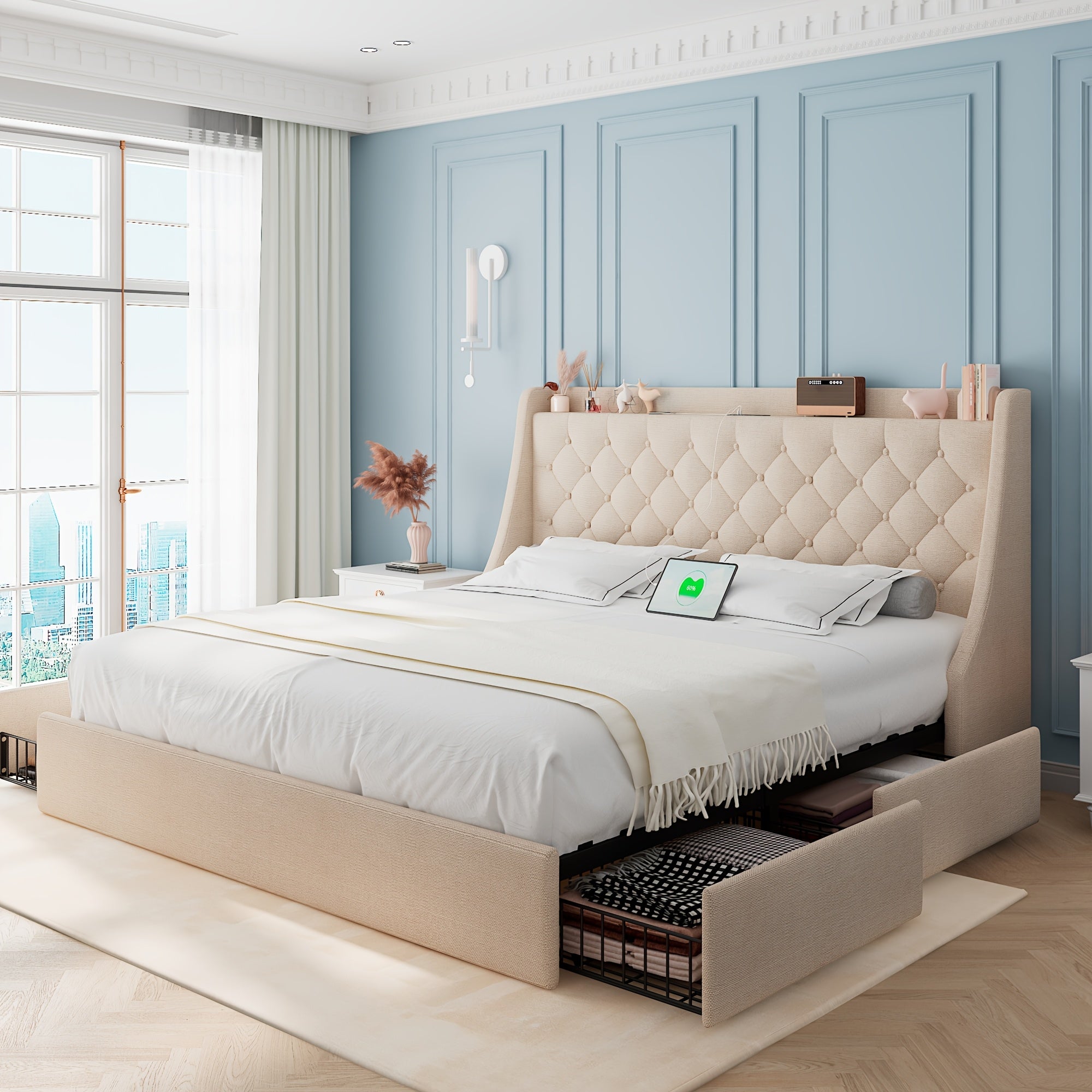 Halence Bed Frame With Charging Station, With Linen Fabric Storage Headboard, Storage Drawers On Both Sides, Solid Wood Slats Support