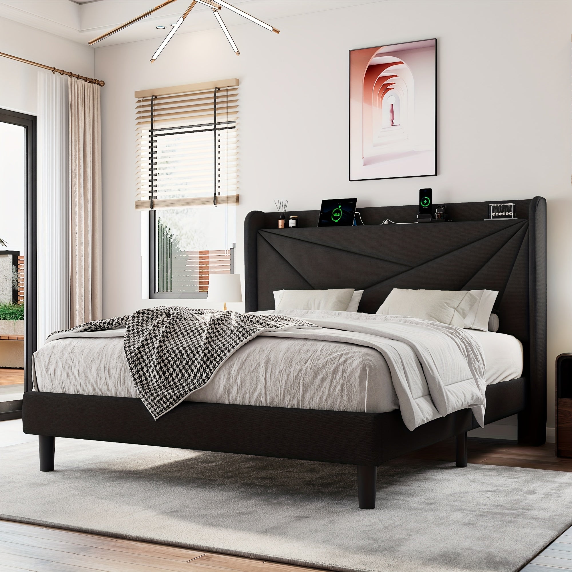 Halence Bed Frame With 8-inch High Under-bed Storage Space, Easy-to-assemble Modern-style Platform Bed, Geometric Linen\u002Fvelvet Storage Headboard Design, Built-In Charging Station, Bed Frame Without Mattress