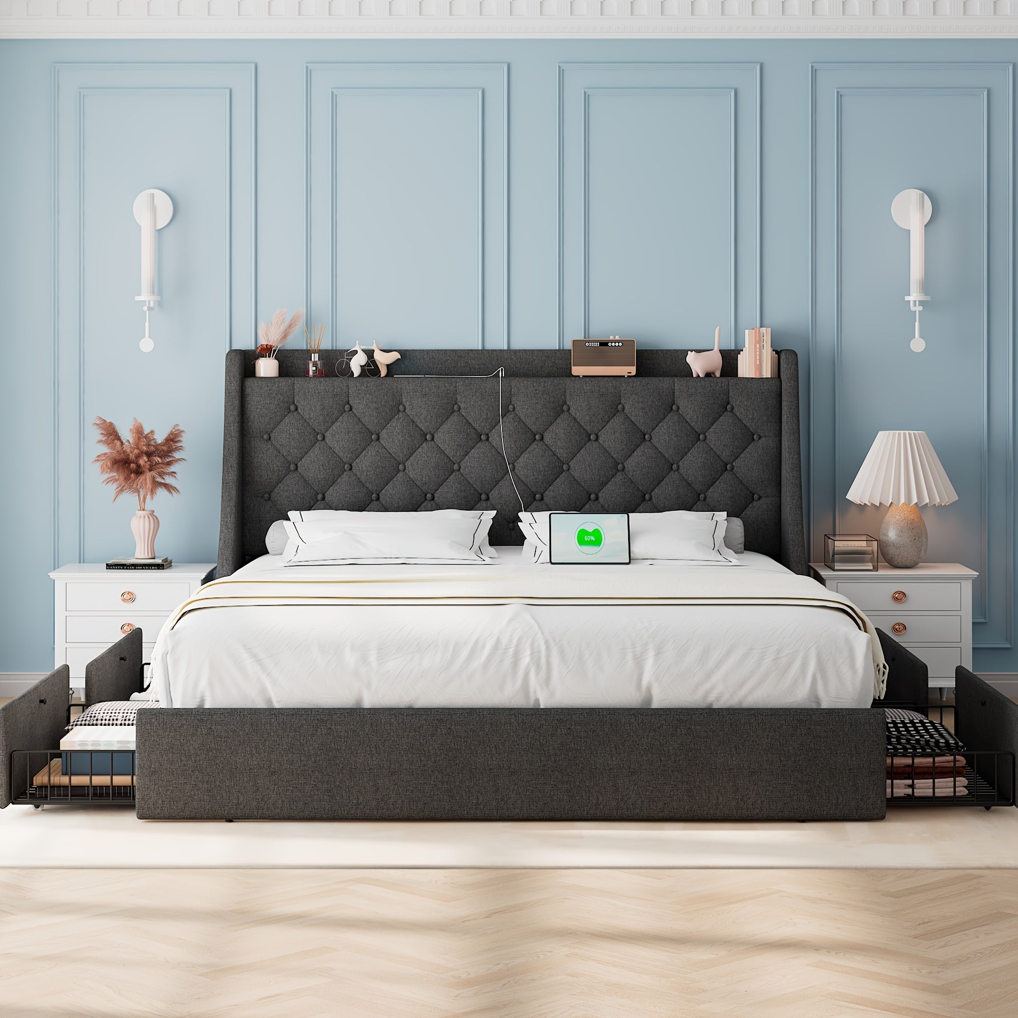 Halence Bed Frame With Charging Station, With Linen Fabric Storage Headboard, Storage Drawers On Both Sides, Solid Wood Slats Support