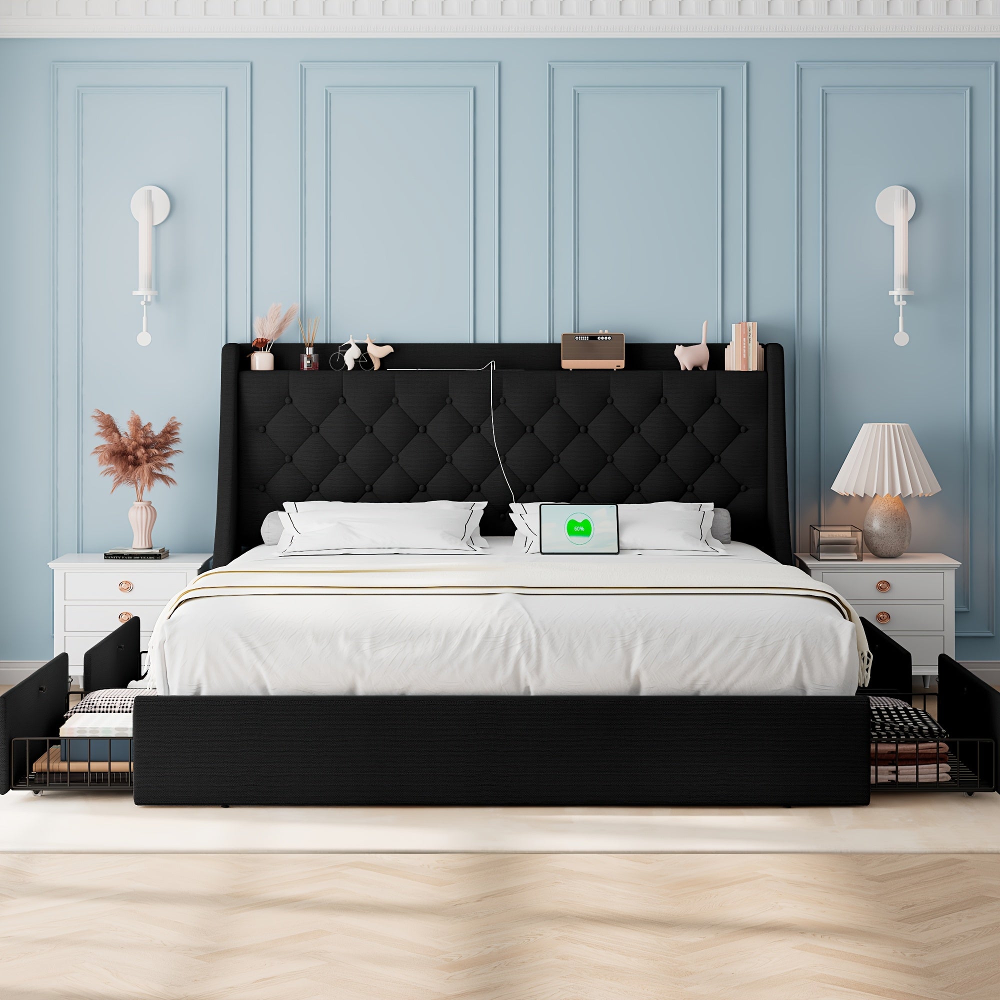 Halence Bed Frame With Charging Station, With Linen Fabric Storage Headboard, Storage Drawers On Both Sides, Solid Wood Slats Support