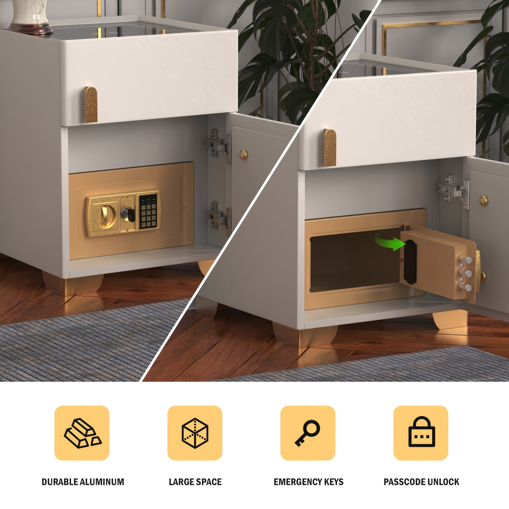 Modern Solid Wood Intelligent Bedside Table With 1 Storage Drawer And 1 Safe, Suitable For Bedrooms, Dormitories, And Offices
