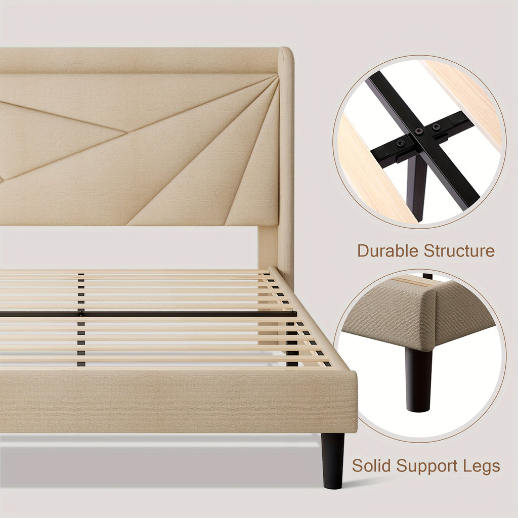 Halence Bed Frame With 8-inch High Under-bed Storage Space, Easy-to-assemble Modern-style Platform Bed, Geometric Linen\u002Fvelvet Storage Headboard Design, Built-In Charging Station, Bed Frame Without Mattress