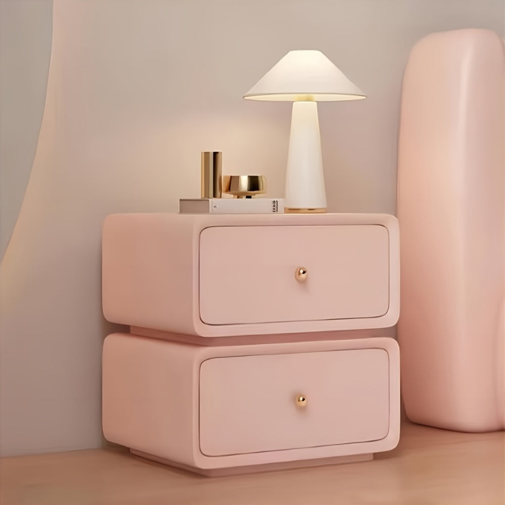 Light Luxury Double-layer Rotating Bedroom Bedside Table, Cream Style Leather Faced Solid Wood Storage Cabinet