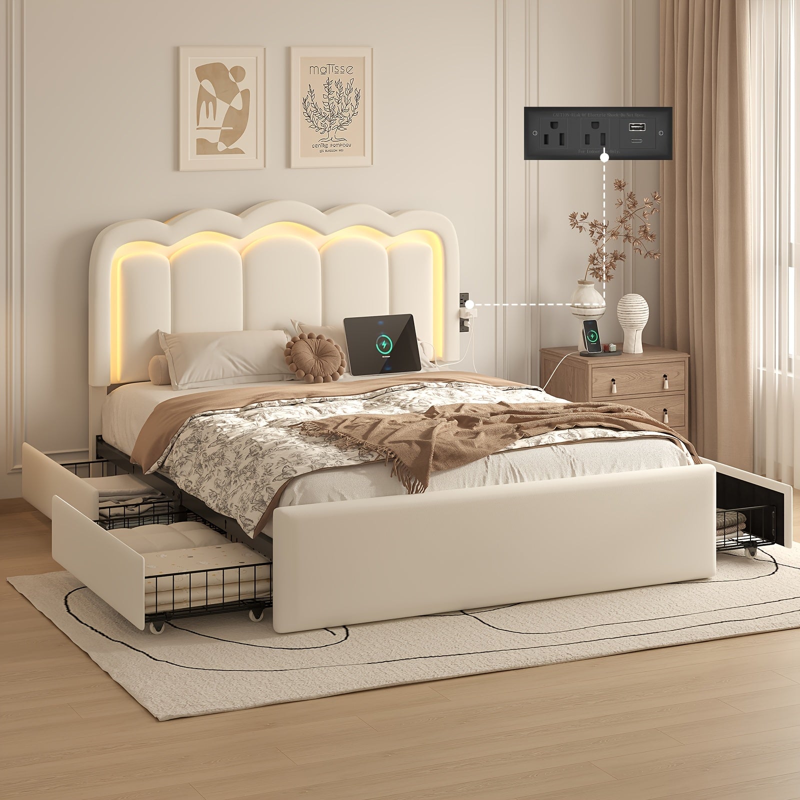 Upholstered Platform Bed Frame with 4 Storage Drawers And Adjustable Headboard, Full\u002FQueen Size Bed Frame with LED Lights And Charging Station, Strong Metal Slats Support, No Box Spring Needed, Easy Assembly, Black\u002FWhite