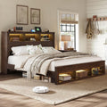 Farmhouse Bed Frame with Storage Bookcase Headboard And Footboard, Storage Wood Platform Bed Frame with Wood Slats Support, Noiseless LED Bed Frame, No Box Spring Needed