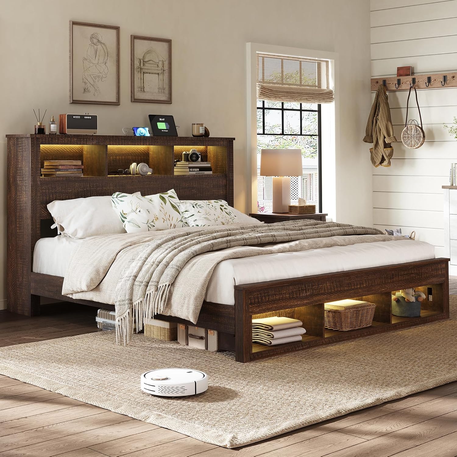 Farmhouse Bed Frame with Storage Bookcase Headboard And Footboard, Storage Wood Platform Bed Frame with Wood Slats Support, Noiseless LED Bed Frame, No Box Spring Needed