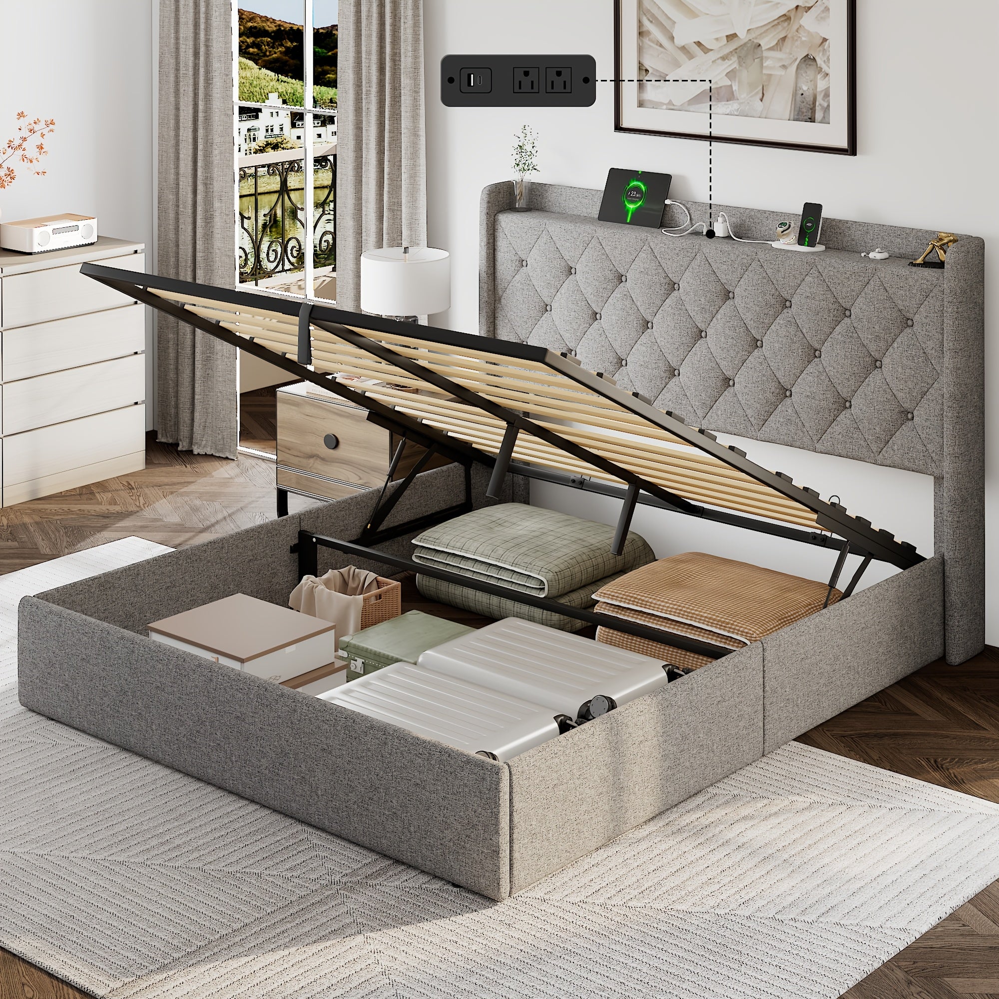 Lift Up Storage Bed Frame with Fast Charging Station & USB & Type-C Ports, Platform Beds with Tufted Wingback Headboard, Solid Wood Slats Support