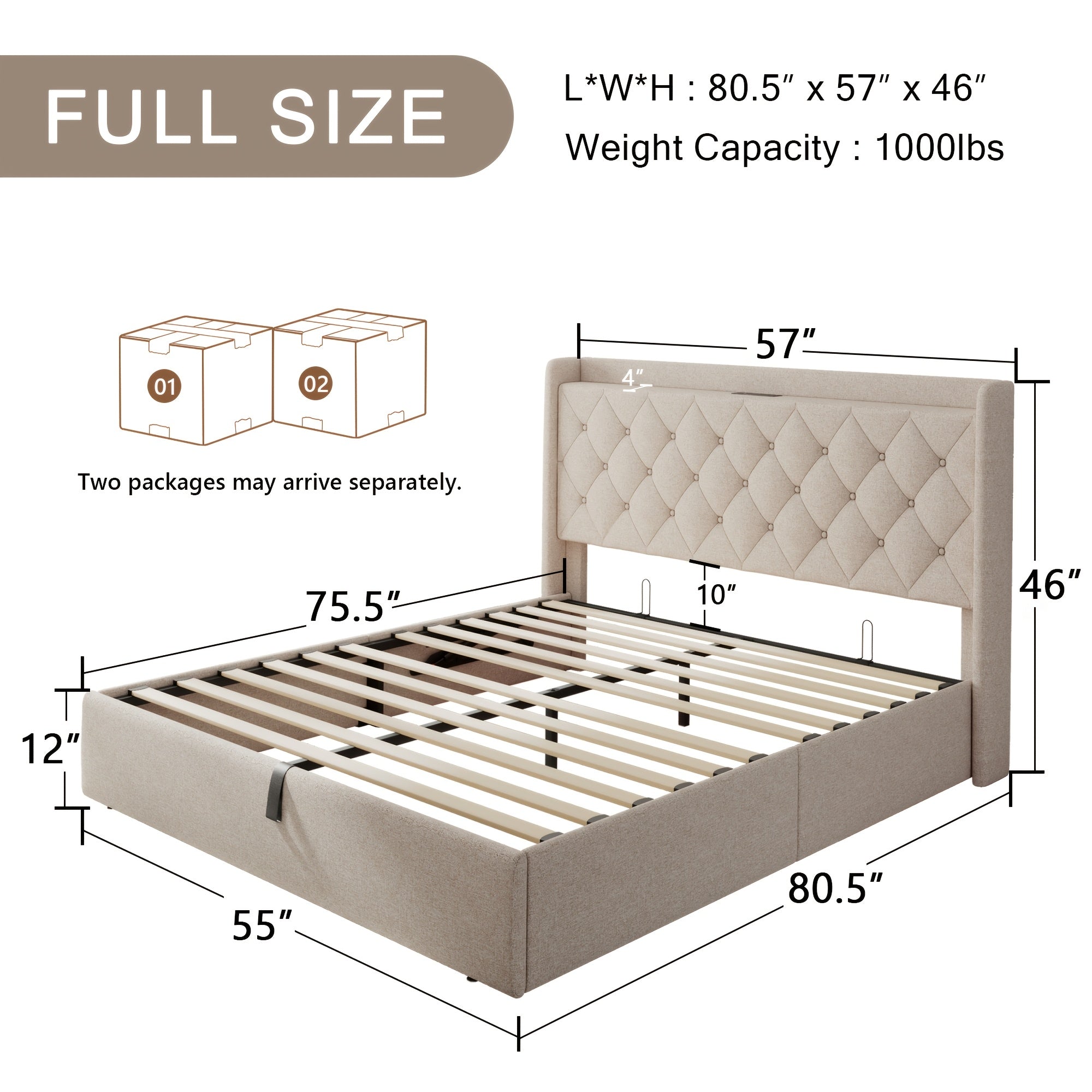 Lift Up Storage Bed Frame with Fast Charging Station & USB & Type-C Ports, Platform Beds with Tufted Wingback Headboard, Solid Wood Slats Support