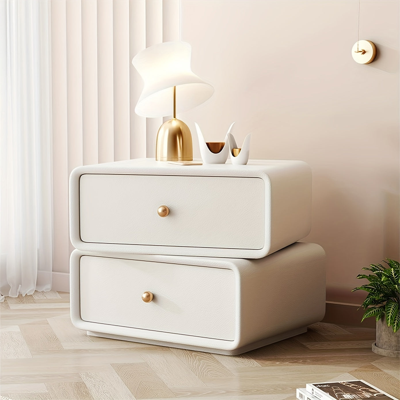 Light Luxury Double-layer Rotating Bedroom Bedside Table, Cream Style Leather Faced Solid Wood Storage Cabinet