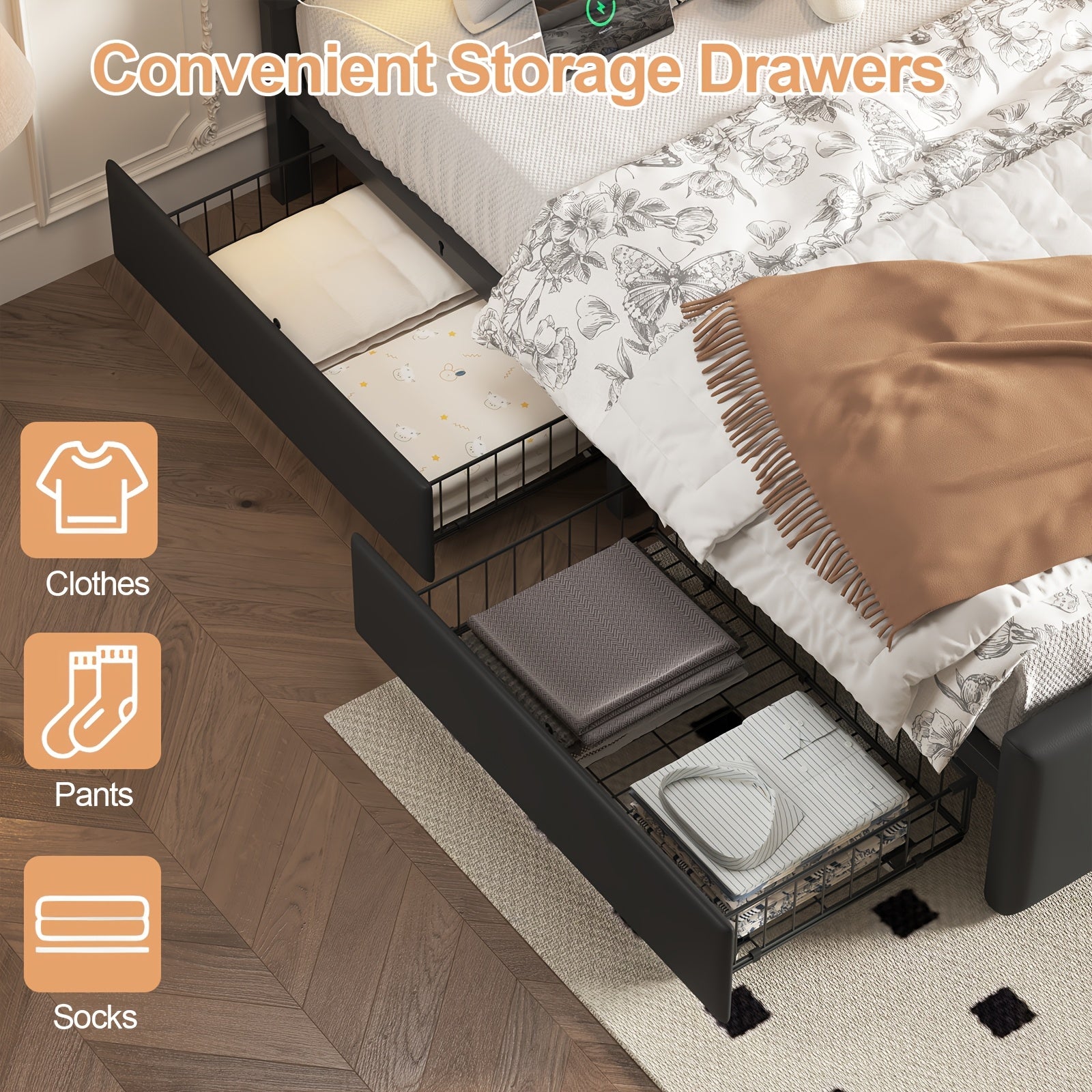 Upholstered Platform Bed Frame with 4 Storage Drawers And Adjustable Headboard, Full\u002FQueen Size Bed Frame with LED Lights And Charging Station, Strong Metal Slats Support, No Box Spring Needed, Easy Assembly, Black\u002FWhite