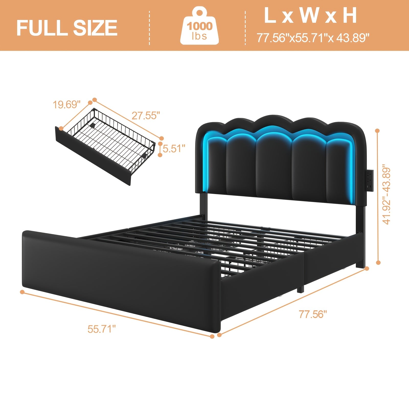 Upholstered Platform Bed Frame with 4 Storage Drawers And Adjustable Headboard, Full\u002FQueen Size Bed Frame with LED Lights And Charging Station, Strong Metal Slats Support, No Box Spring Needed, Easy Assembly, Black\u002FWhite
