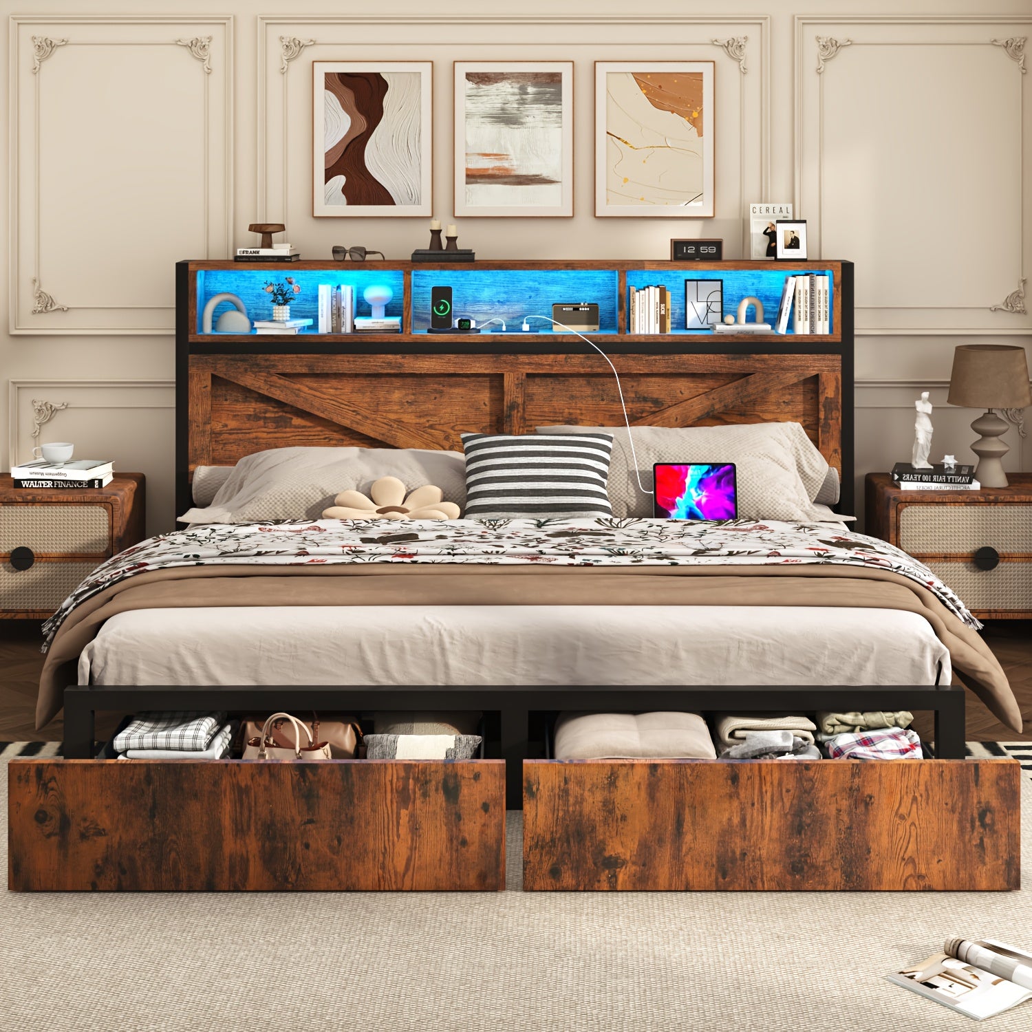 Farmhouse Bed Frame with Storage Headboard, LED Lights, Charging Station and 2 Drawers, Arrow Design, No Box Spring Needed, Rustic Brown