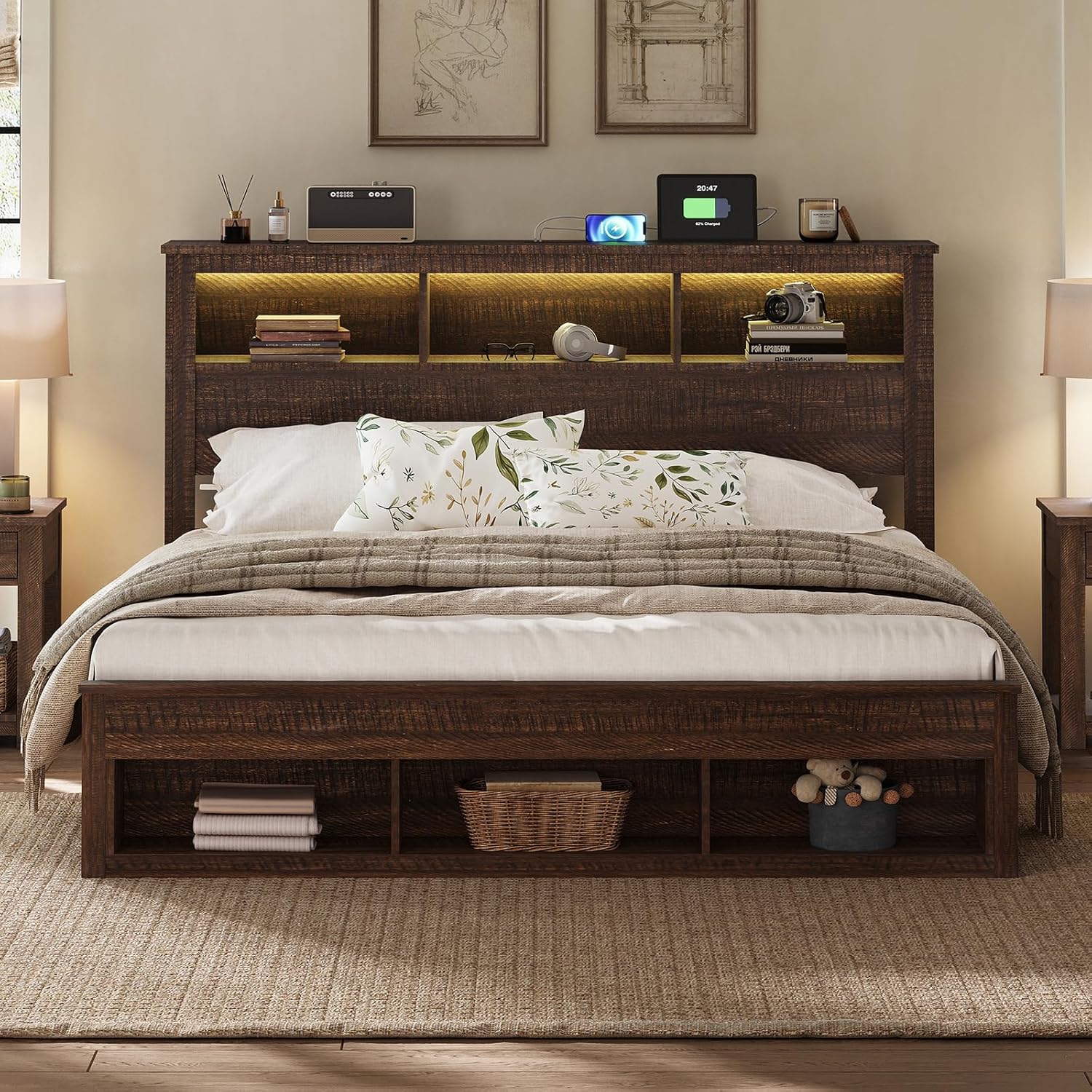 Farmhouse Bed Frame with Storage Bookcase Headboard And Footboard, Storage Wood Platform Bed Frame with Wood Slats Support, Noiseless LED Bed Frame, No Box Spring Needed