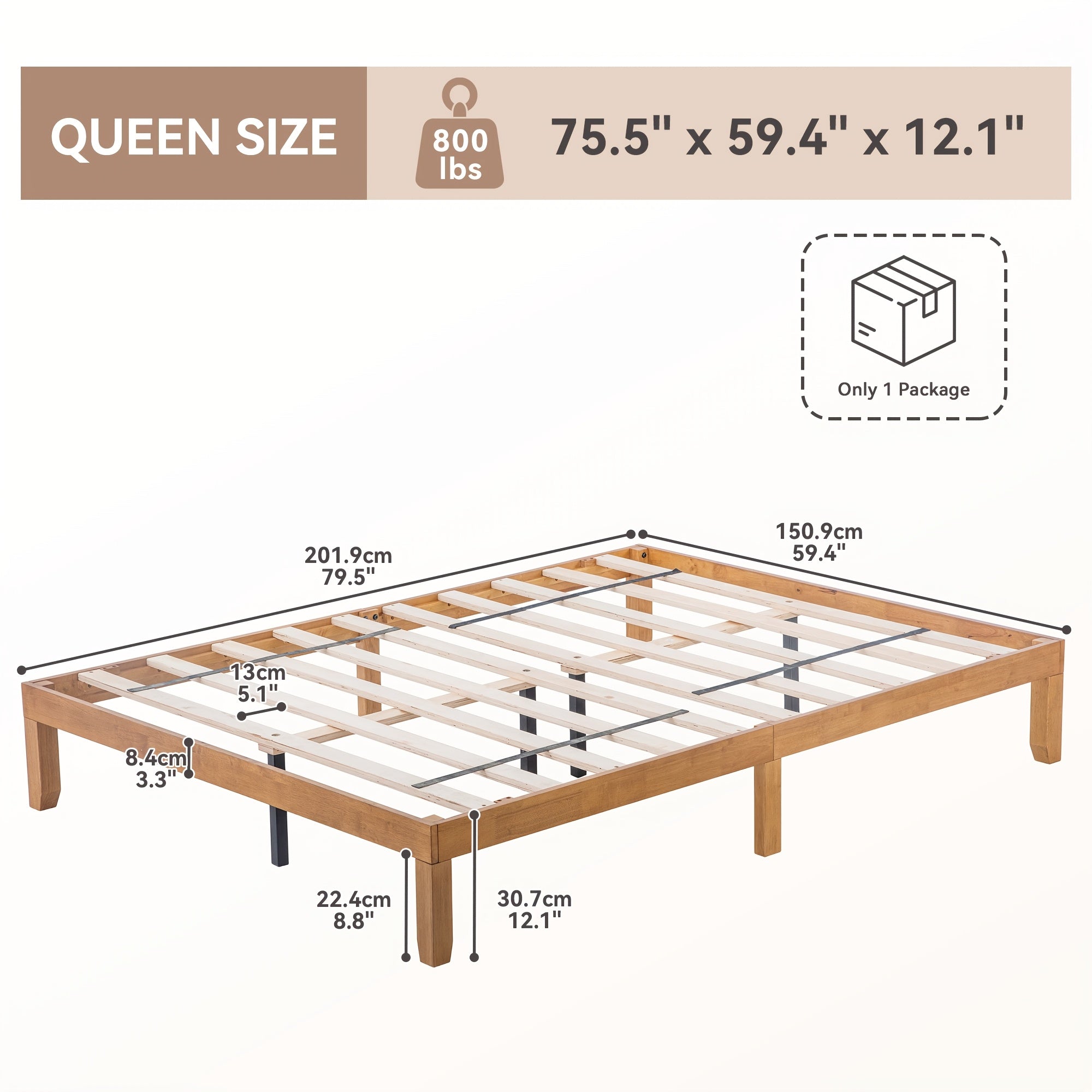 Queen Size Wooden Bed Frame, Vintage Bed Frame with Under Bed Storage Space, No Box Spring Needed, Strong Wooden Slat Support, Easy Assembly Bedroom Furniture, Natural (Queen)