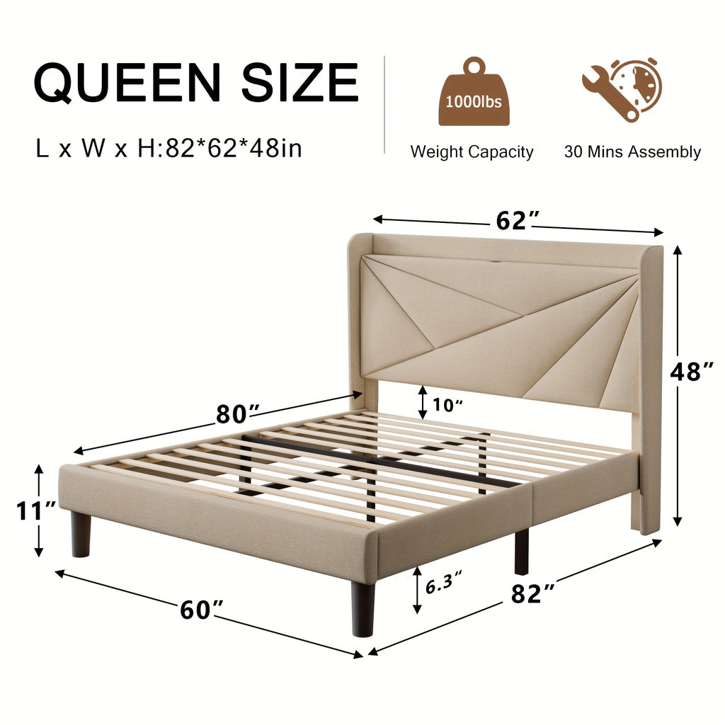 Halence Bed Frame With 8-inch High Under-bed Storage Space, Easy-to-assemble Modern-style Platform Bed, Geometric Linen\u002Fvelvet Storage Headboard Design, Built-In Charging Station, Bed Frame Without Mattress