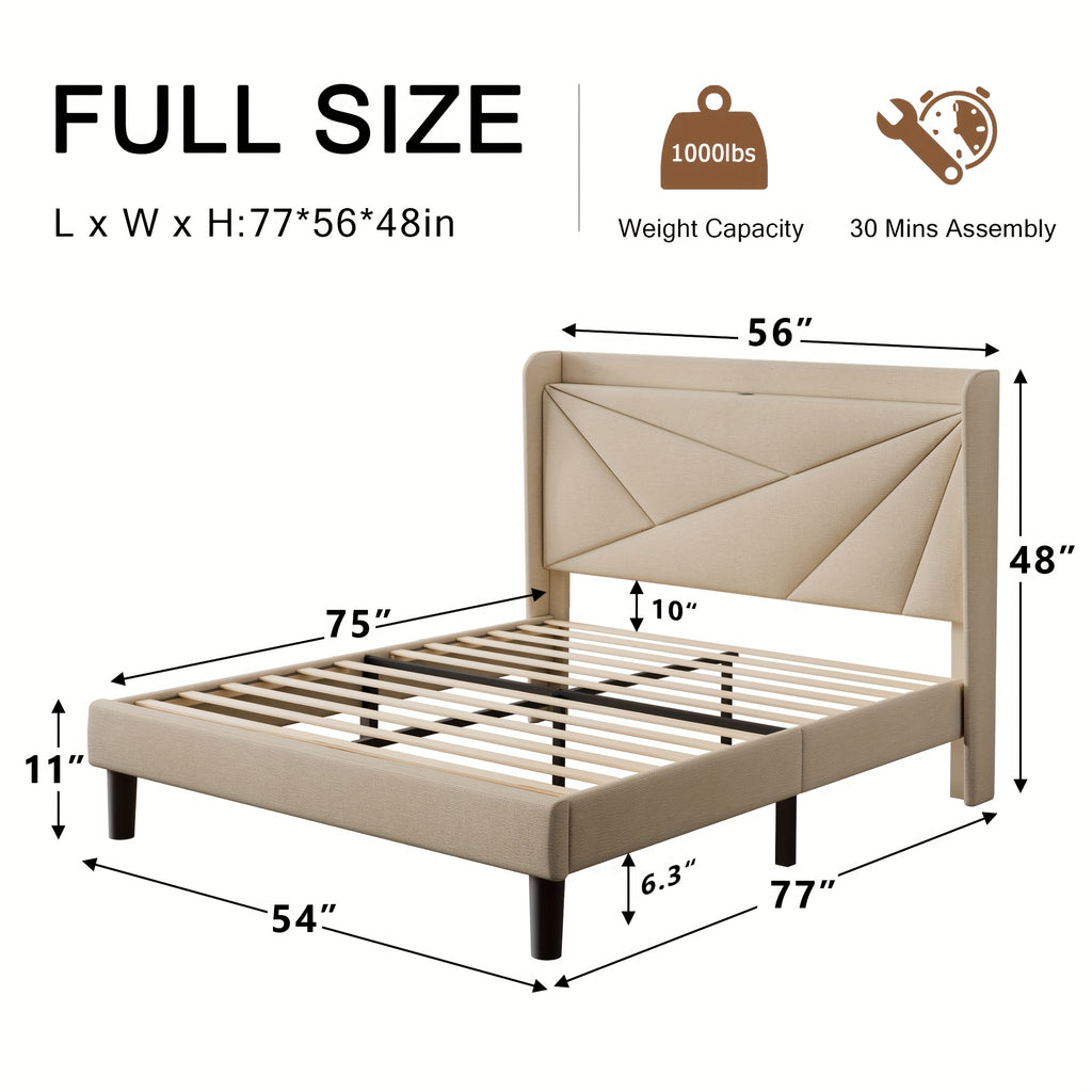 Halence Bed Frame With 8-inch High Under-bed Storage Space, Easy-to-assemble Modern-style Platform Bed, Geometric Linen\u002Fvelvet Storage Headboard Design, Built-In Charging Station, Bed Frame Without Mattress