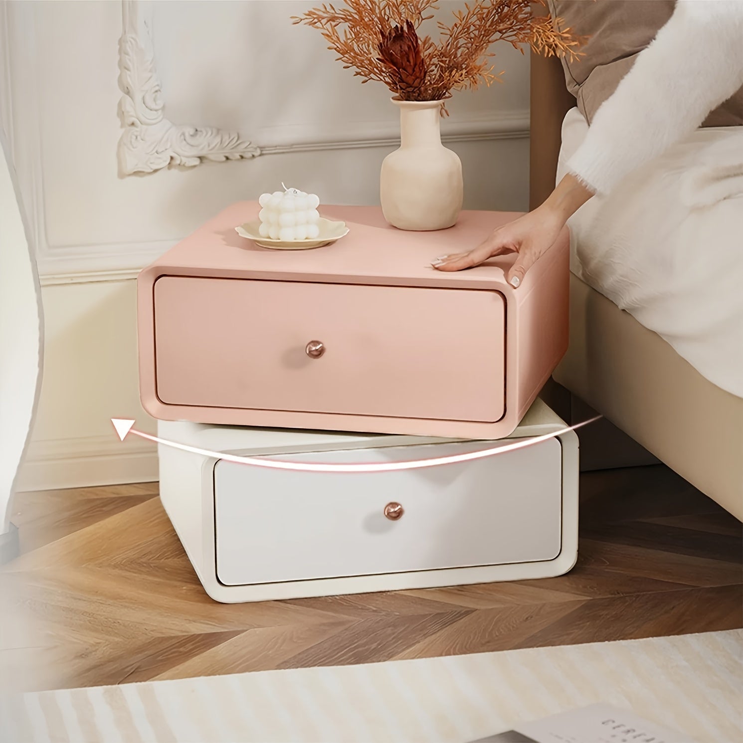 Light Luxury Double-layer Rotating Bedroom Bedside Table, Cream Style Leather Faced Solid Wood Storage Cabinet
