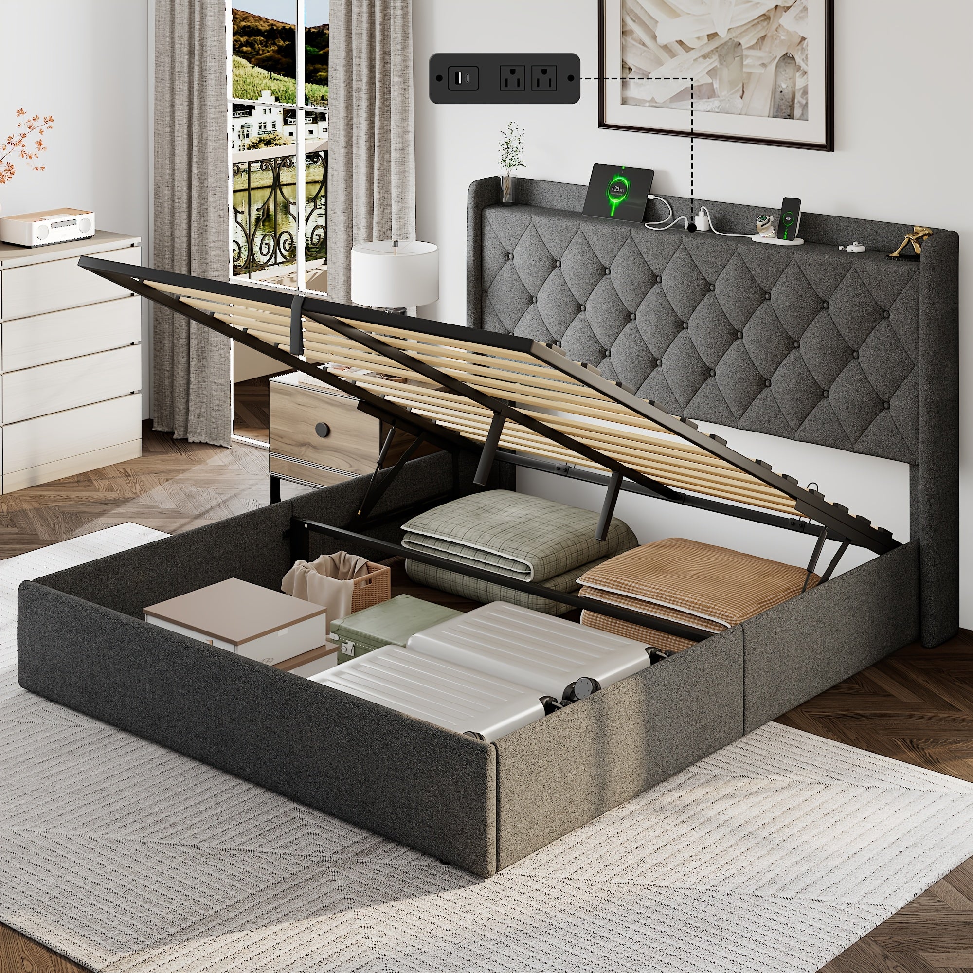 Lift Up Storage Bed Frame with Fast Charging Station & USB & Type-C Ports, Platform Beds with Tufted Wingback Headboard, Solid Wood Slats Support