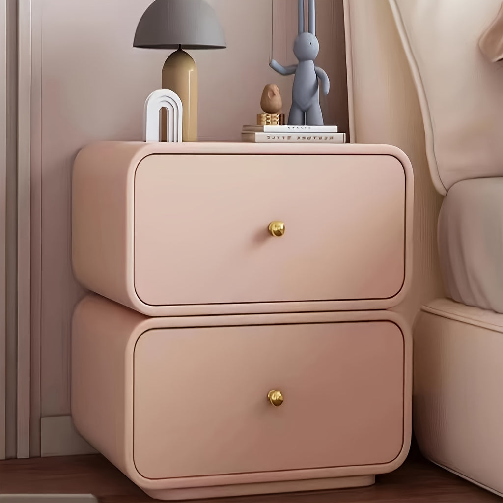 Light Luxury Double-layer Rotating Bedroom Bedside Table, Cream Style Leather Faced Solid Wood Storage Cabinet