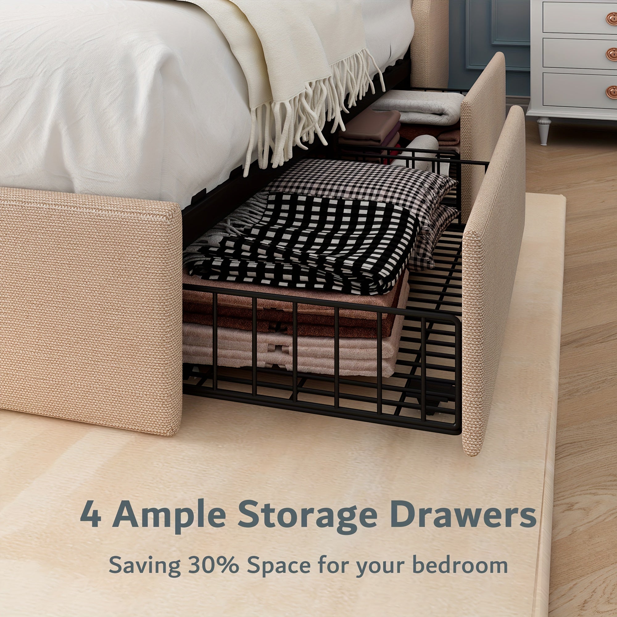 Halence Bed Frame With Charging Station, With Linen Fabric Storage Headboard, Storage Drawers On Both Sides, Solid Wood Slats Support