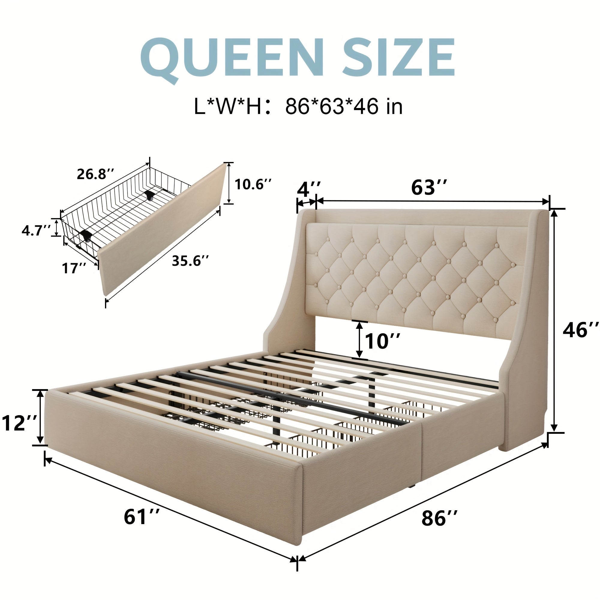 Halence Bed Frame With Charging Station, With Linen Fabric Storage Headboard, Storage Drawers On Both Sides, Solid Wood Slats Support