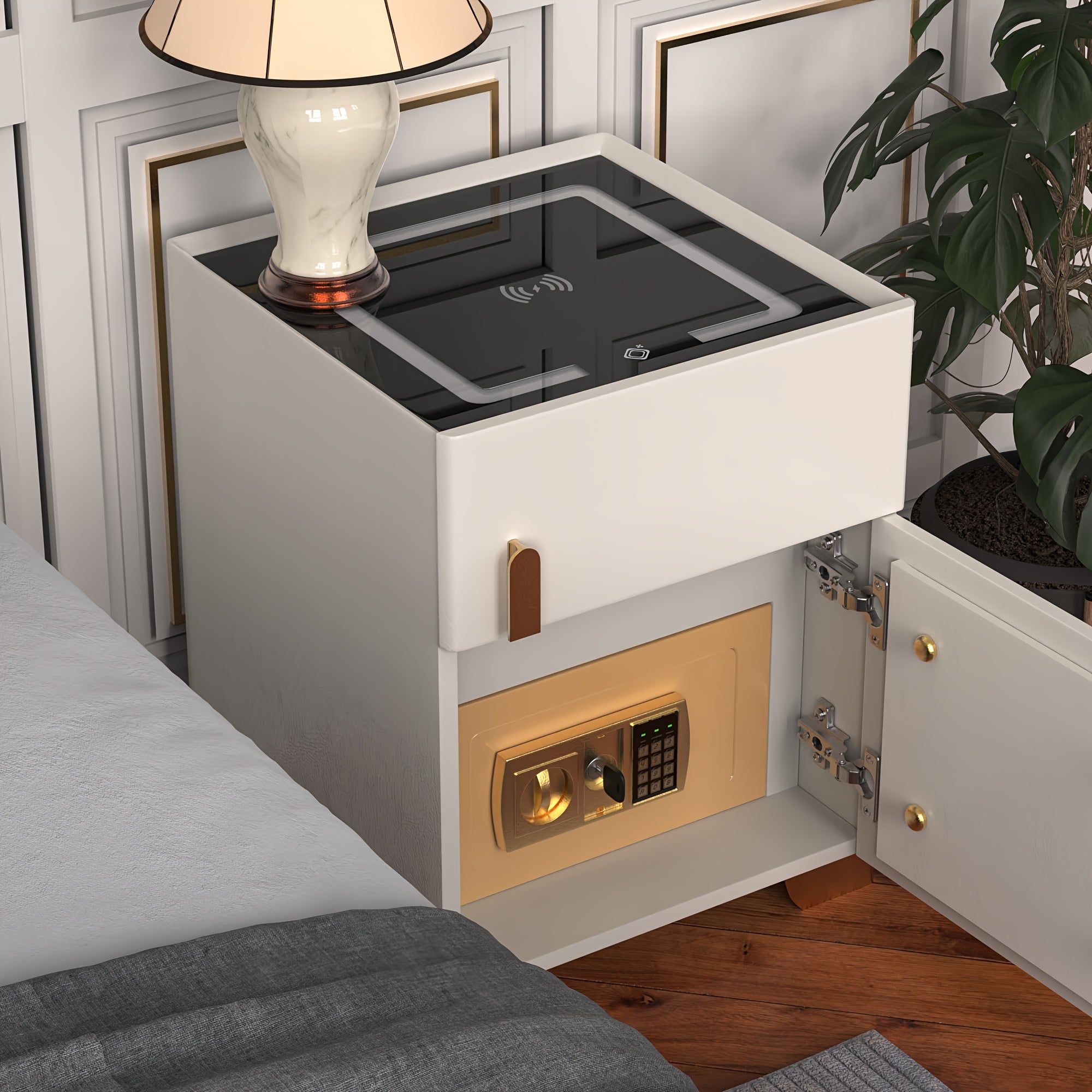 Modern Solid Wood Intelligent Bedside Table With 1 Storage Drawer And 1 Safe, Suitable For Bedrooms, Dormitories, And Offices