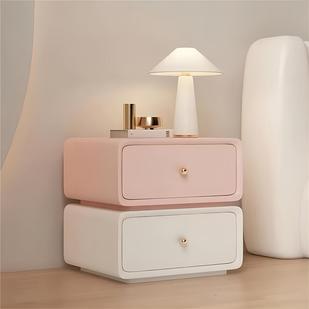 Light Luxury Double-layer Rotating Bedroom Bedside Table, Cream Style Leather Faced Solid Wood Storage Cabinet