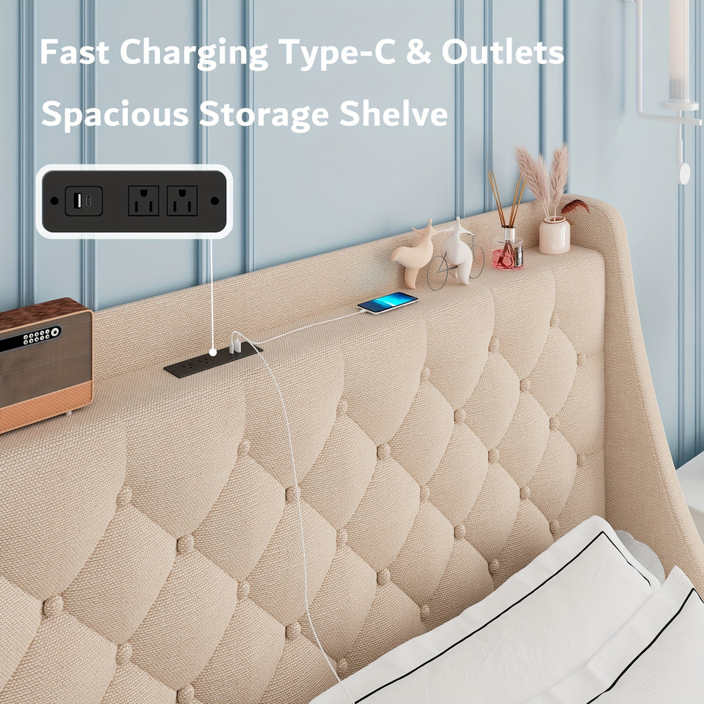 Halence Bed Frame With Charging Station, With Linen Fabric Storage Headboard, Storage Drawers On Both Sides, Solid Wood Slats Support